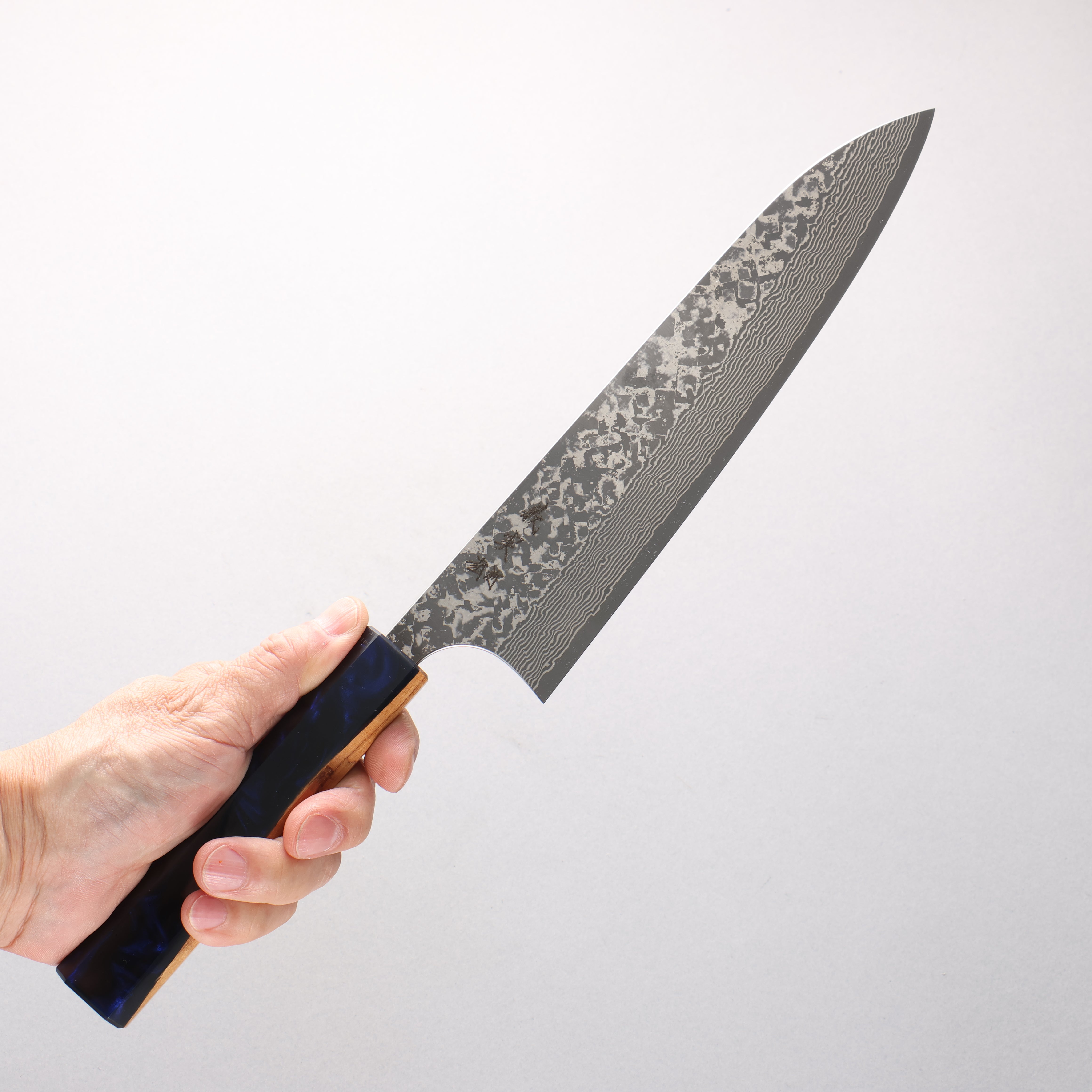 Yoshimi Kato VG10 Black Damascus Gyuto 210mm Olive Tree and Blue Resin Handle