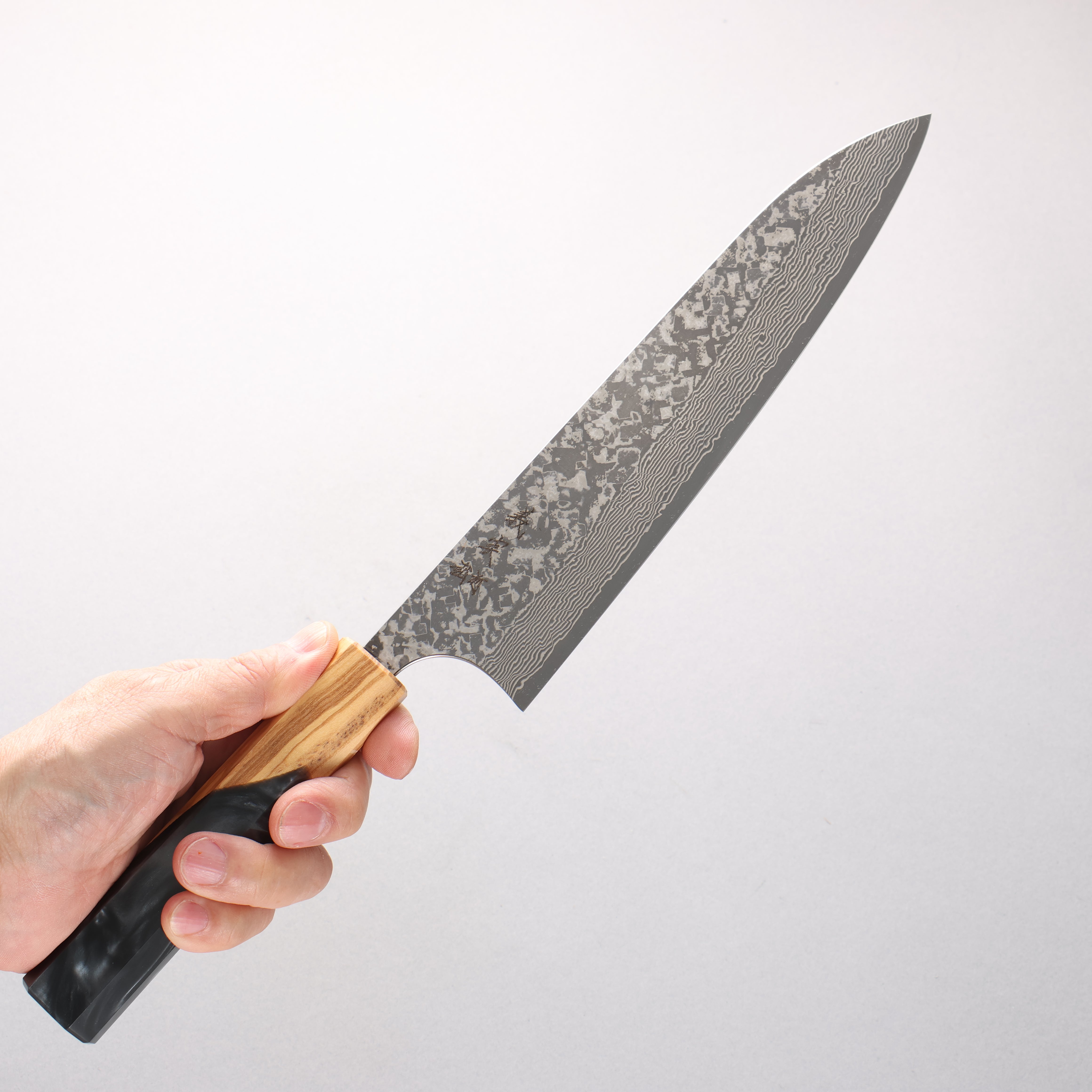 Yoshimi Kato VG10 Black Damascus Gyuto 210mm Olive Tree and Black/White Marble Resin Handle