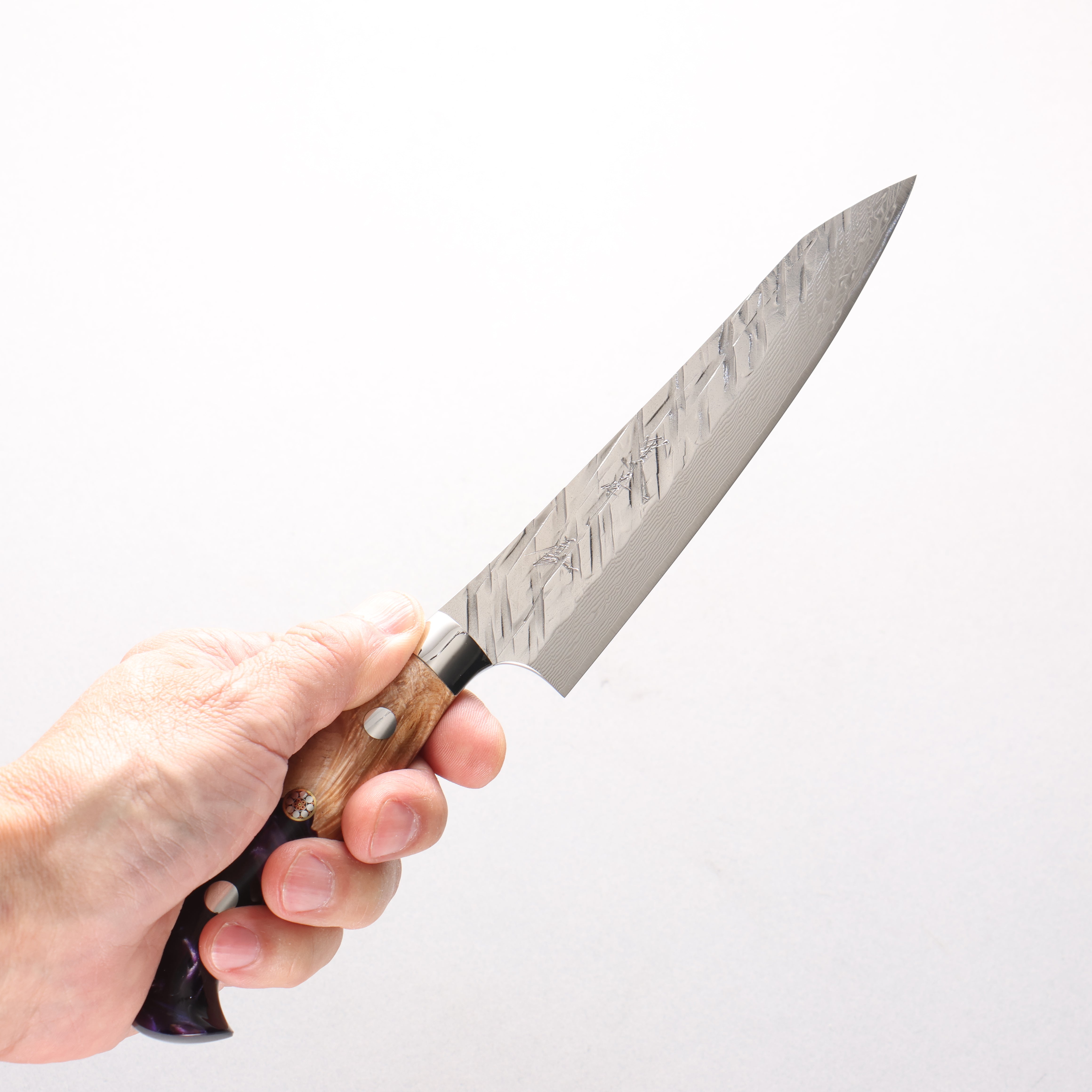 Yu Kurosaki Raijin V-Toku2 Hammered Damascus Petty-Utility 150mm Olive Tree and Purple Resin Handle