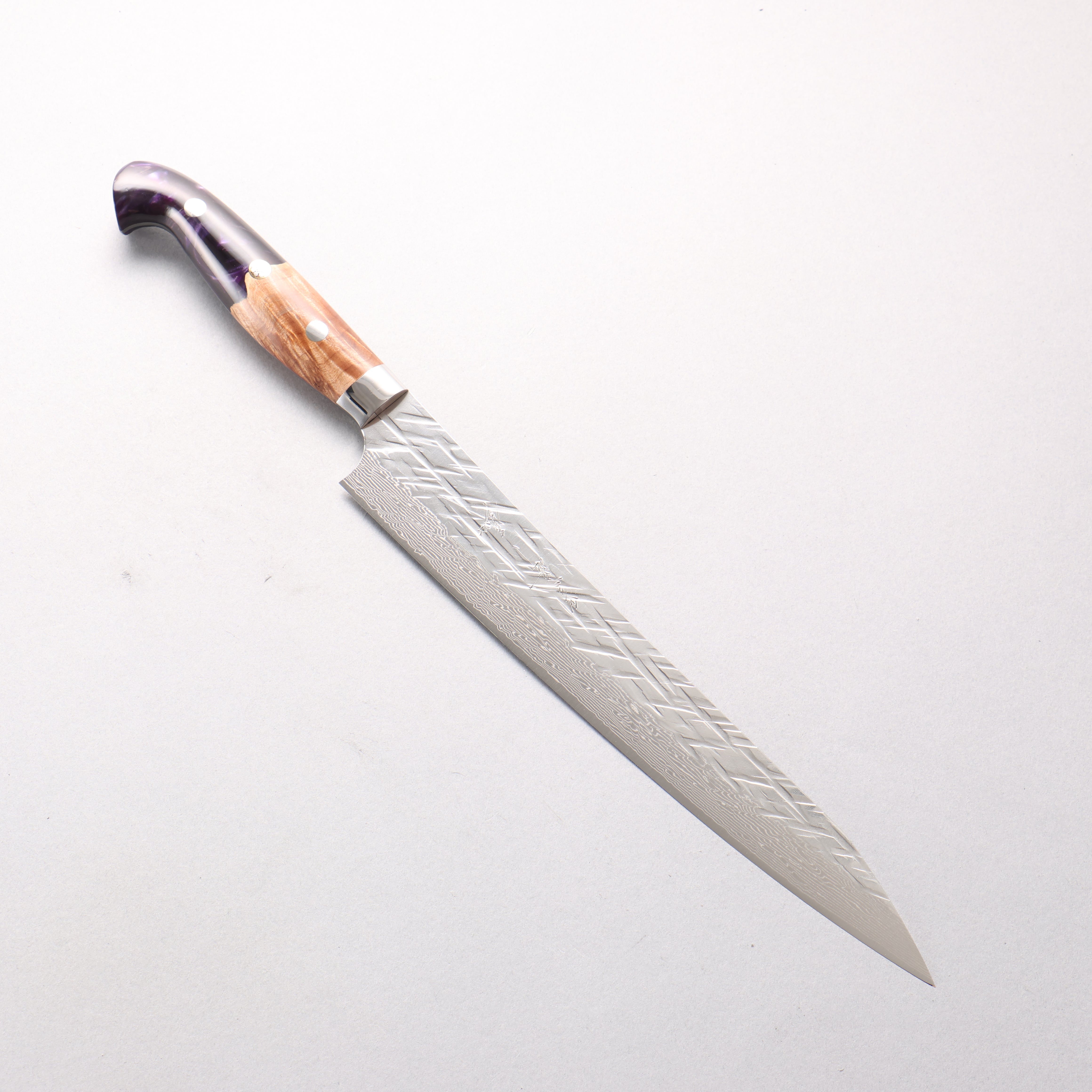 Yu Kurosaki Raijin V-Toku2 Hammered Damascus Sujihiki 240mm Olive Tree and Purple Resin Handle