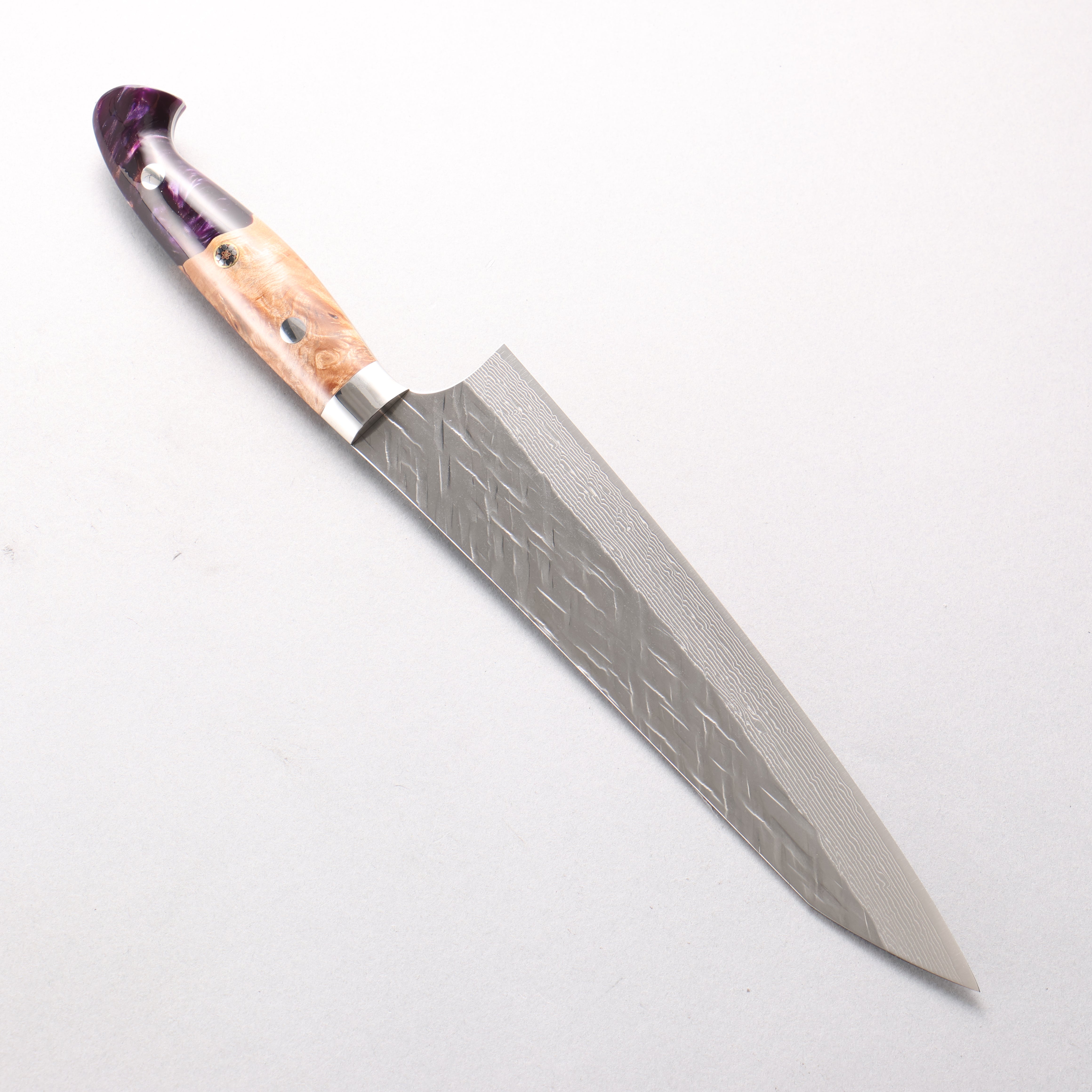 Yu Kurosaki Raijin V-Toku2 Hammered Damascus Gyuto 210mm Olive Tree and Purple Resin Handle