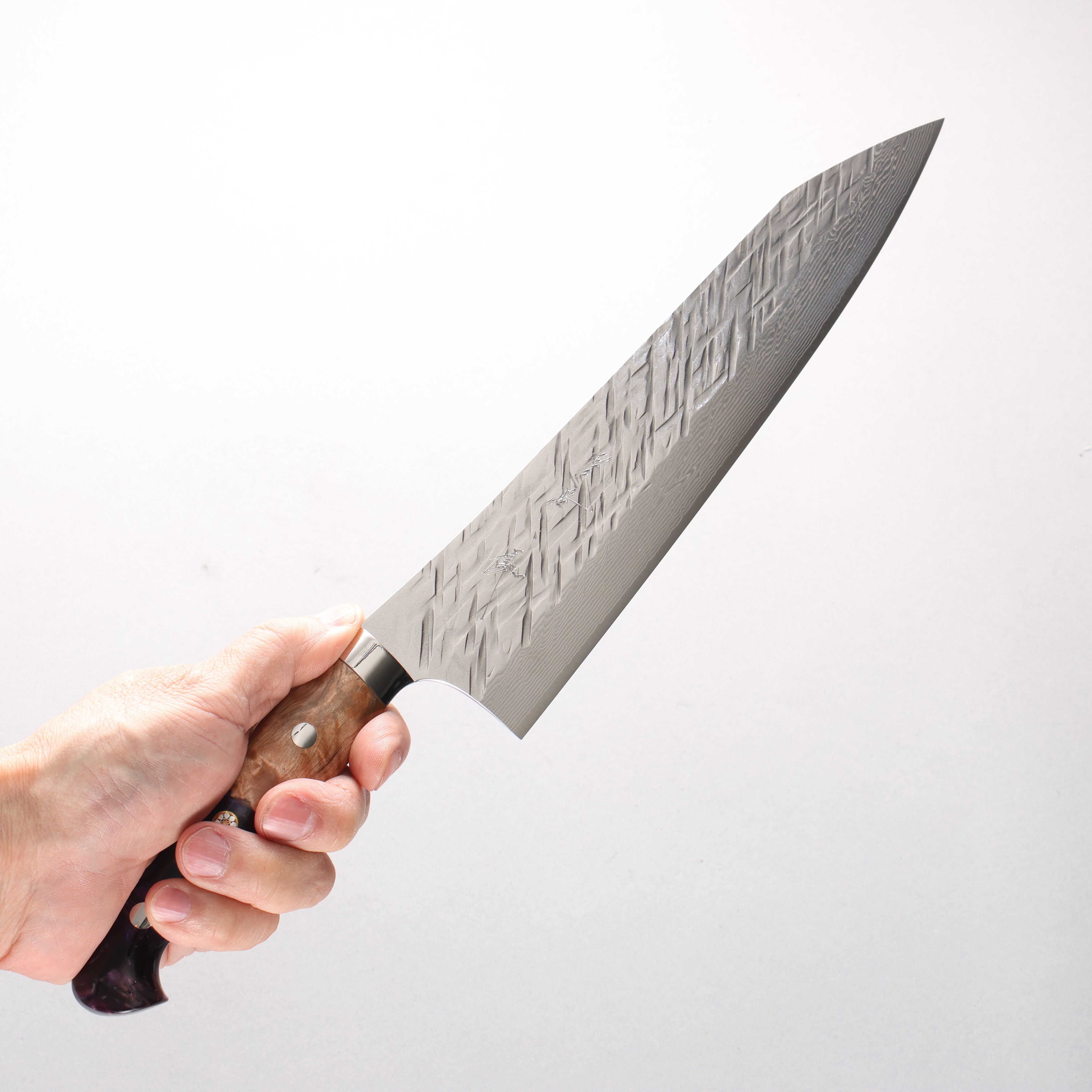 Yu Kurosaki Raijin V-Toku2 Hammered Damascus Gyuto 240mm Olive Tree and Purple Resin Handle