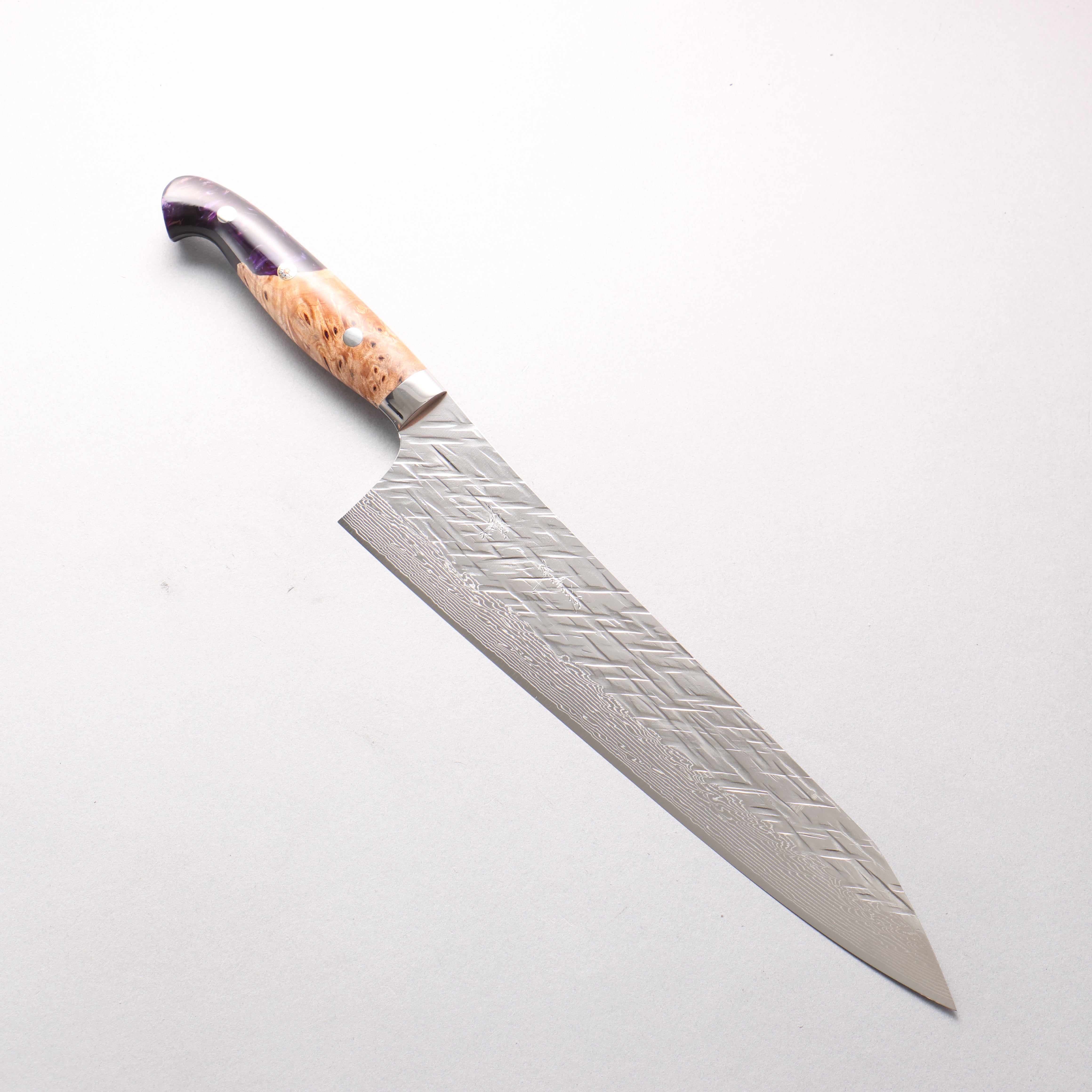 Yu Kurosaki Raijin V-Toku2 Hammered Damascus Gyuto 270mm Olive Tree and Purple Resin Handle