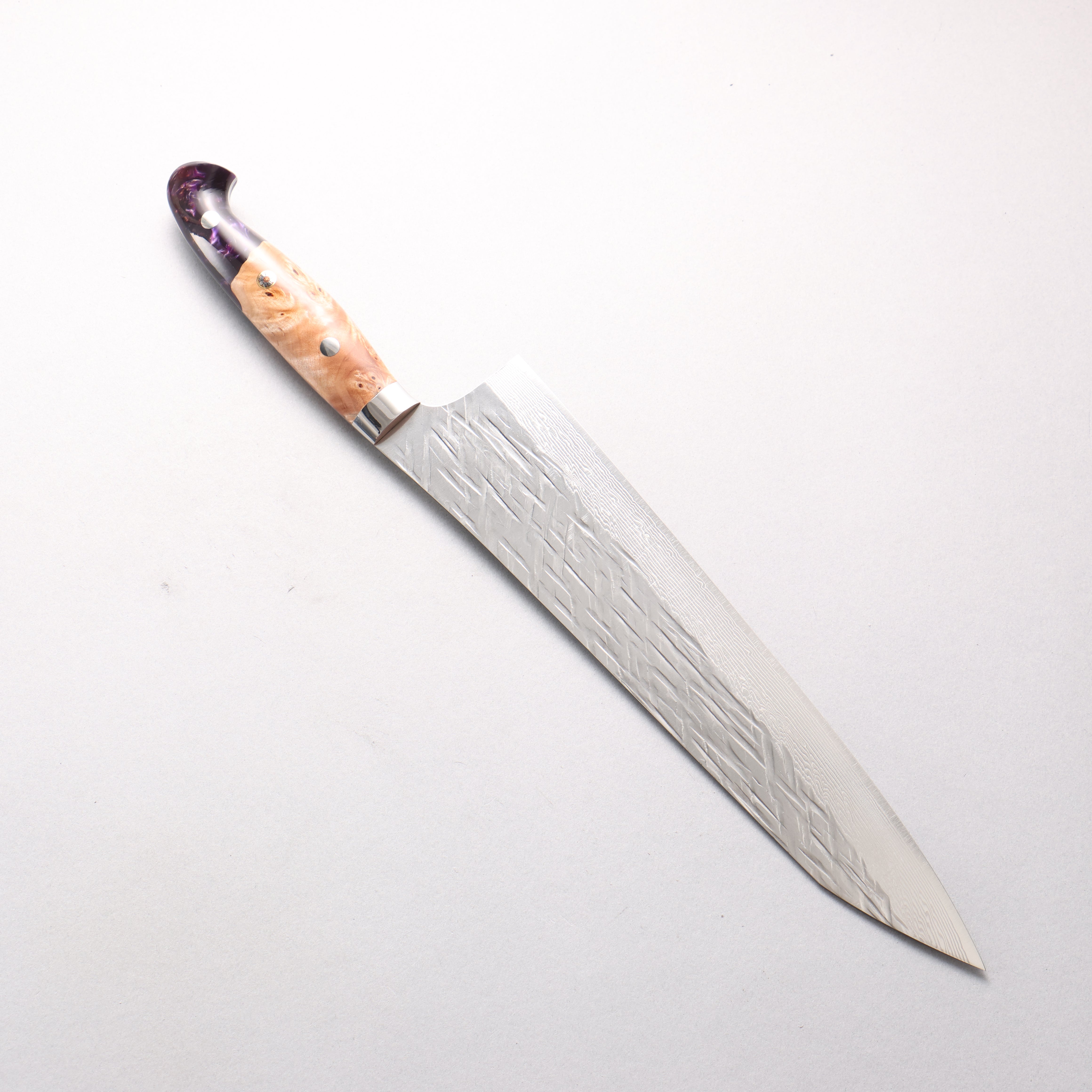 Yu Kurosaki Raijin V-Toku2 Hammered Damascus Gyuto 270mm Olive Tree and Purple Resin Handle