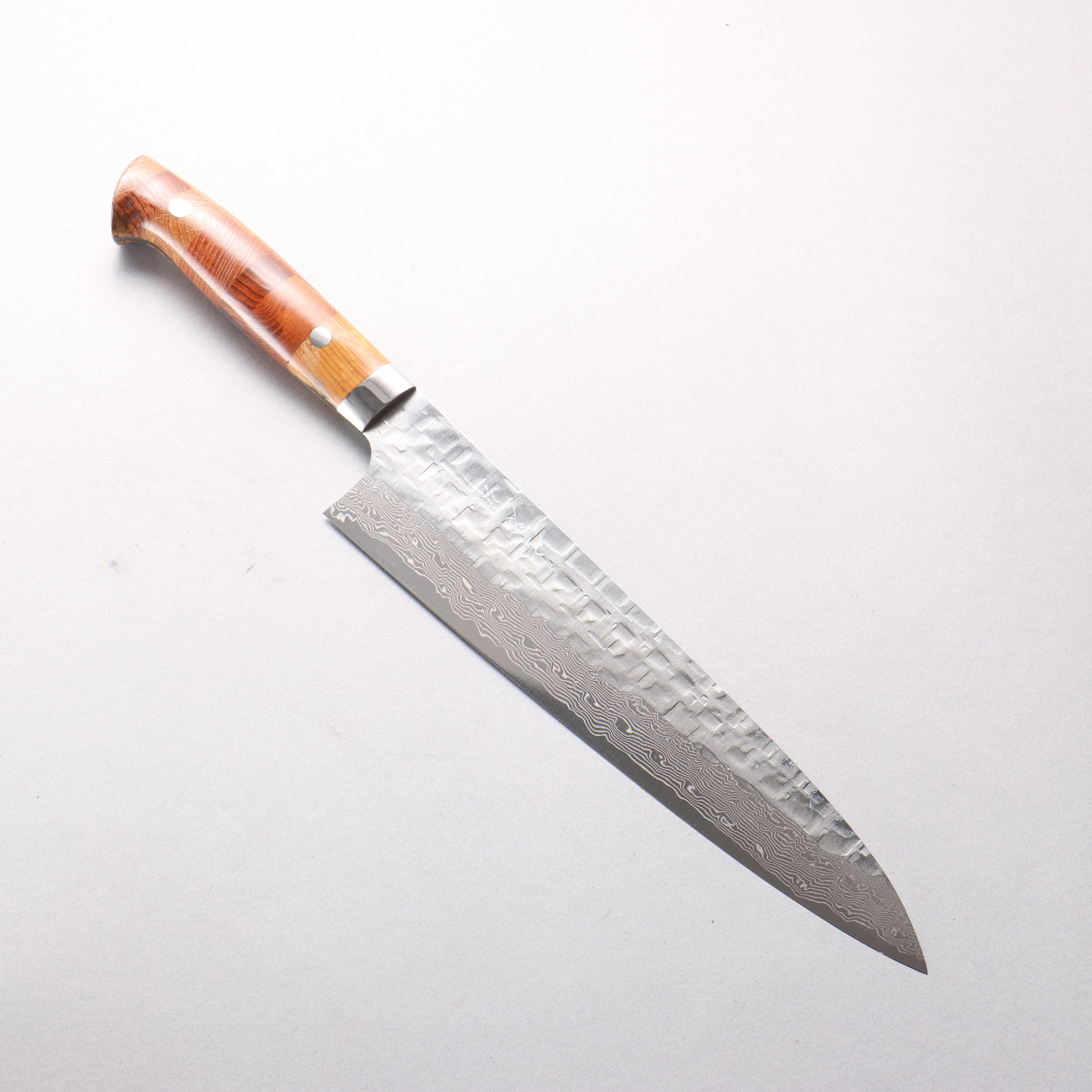 Takeshi Saji VG10 Hammered Damascus Cross Gyuto 240mm Kumiko (Wood Mosaic) Handle - Seisuke Knife