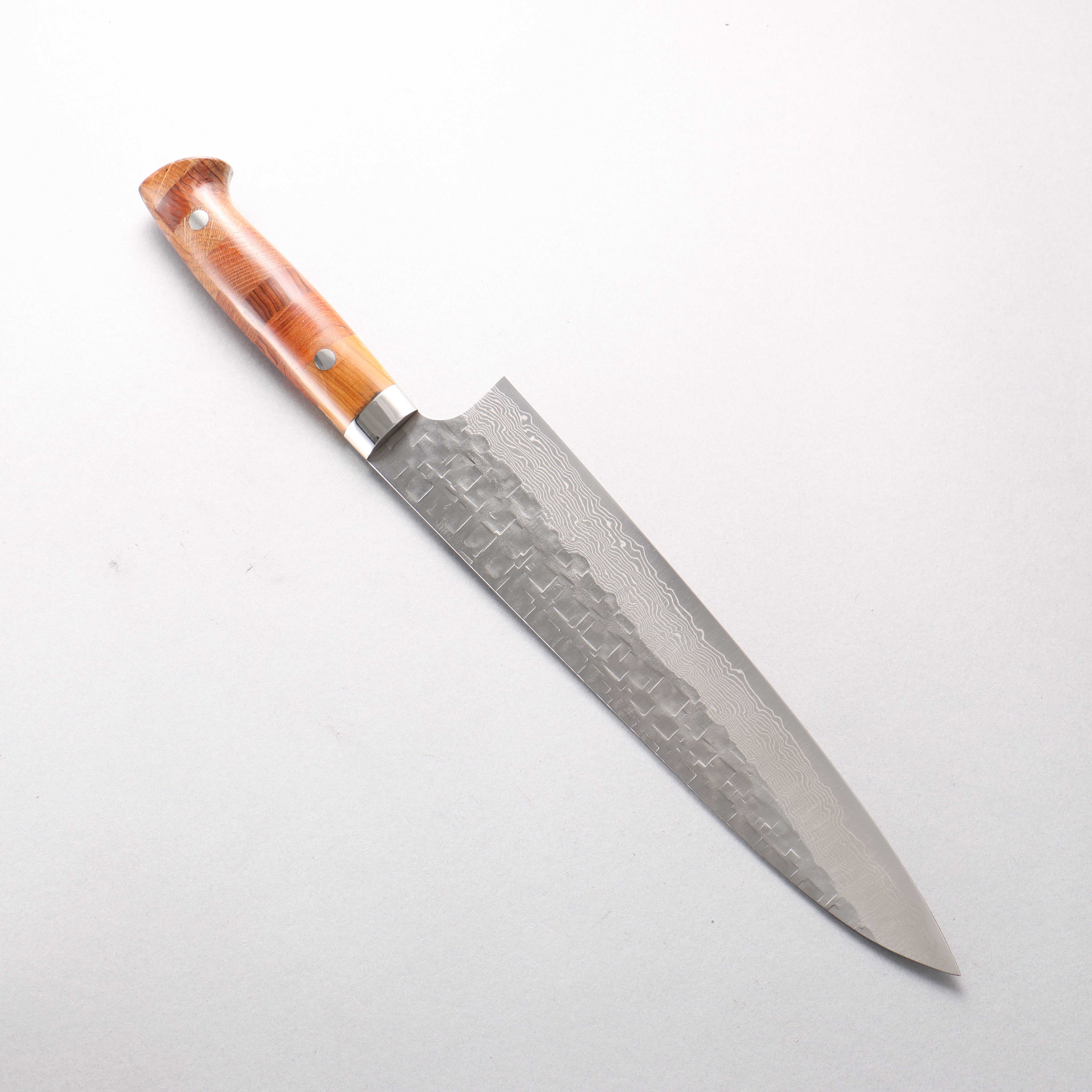 Takeshi Saji VG10 Hammered Damascus Cross Gyuto 240mm Kumiko (Wood Mosaic) Handle - Seisuke Knife