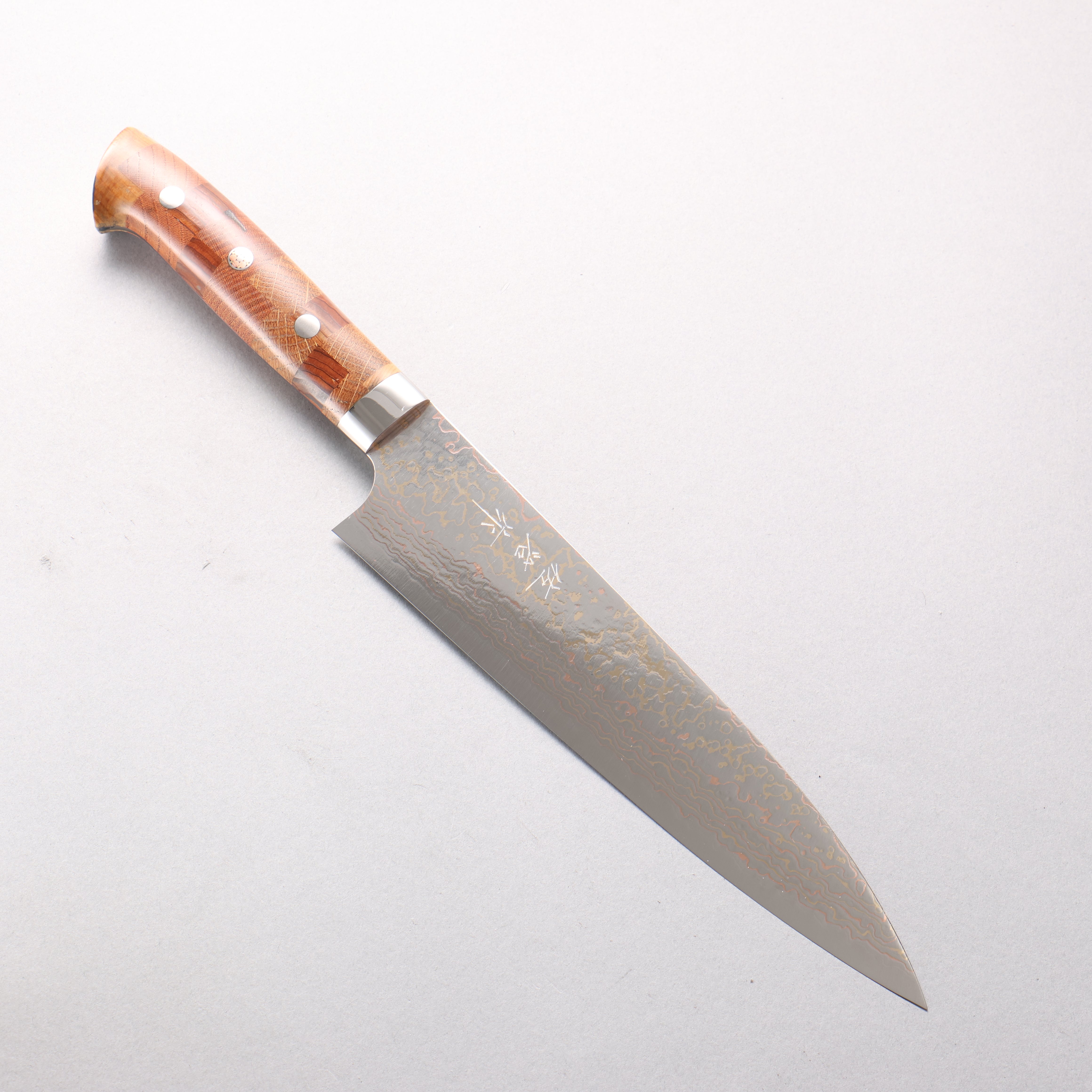 Takeshi Saji VG10w Colored Damascus Migaki Finished Gyuto 210mm Kumiko (Wood Mosaic) Handle - Seisuke Knife