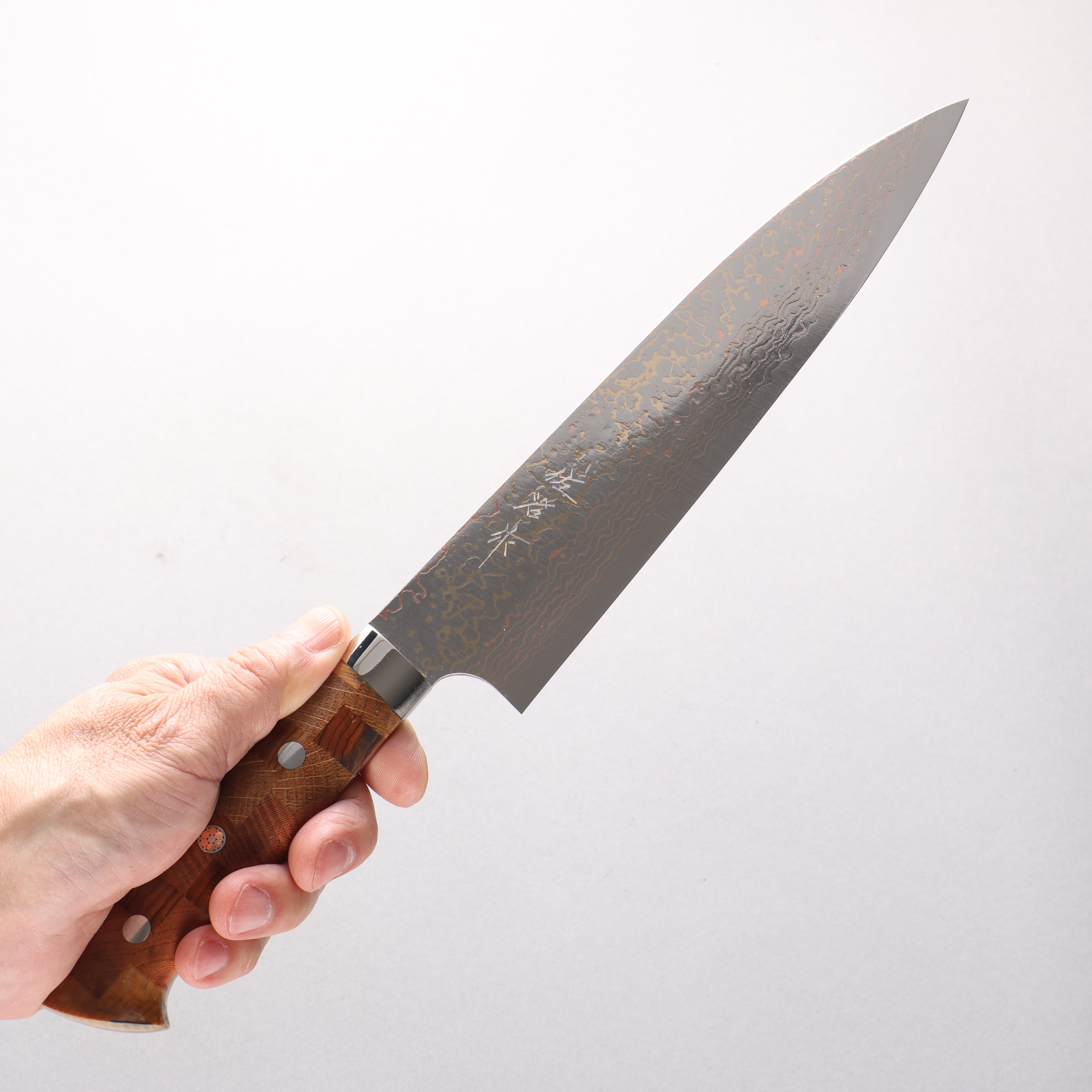 Takeshi Saji VG10w Colored Damascus Migaki Finished Gyuto 210mm Kumiko (Wood Mosaic) Handle - Seisuke Knife