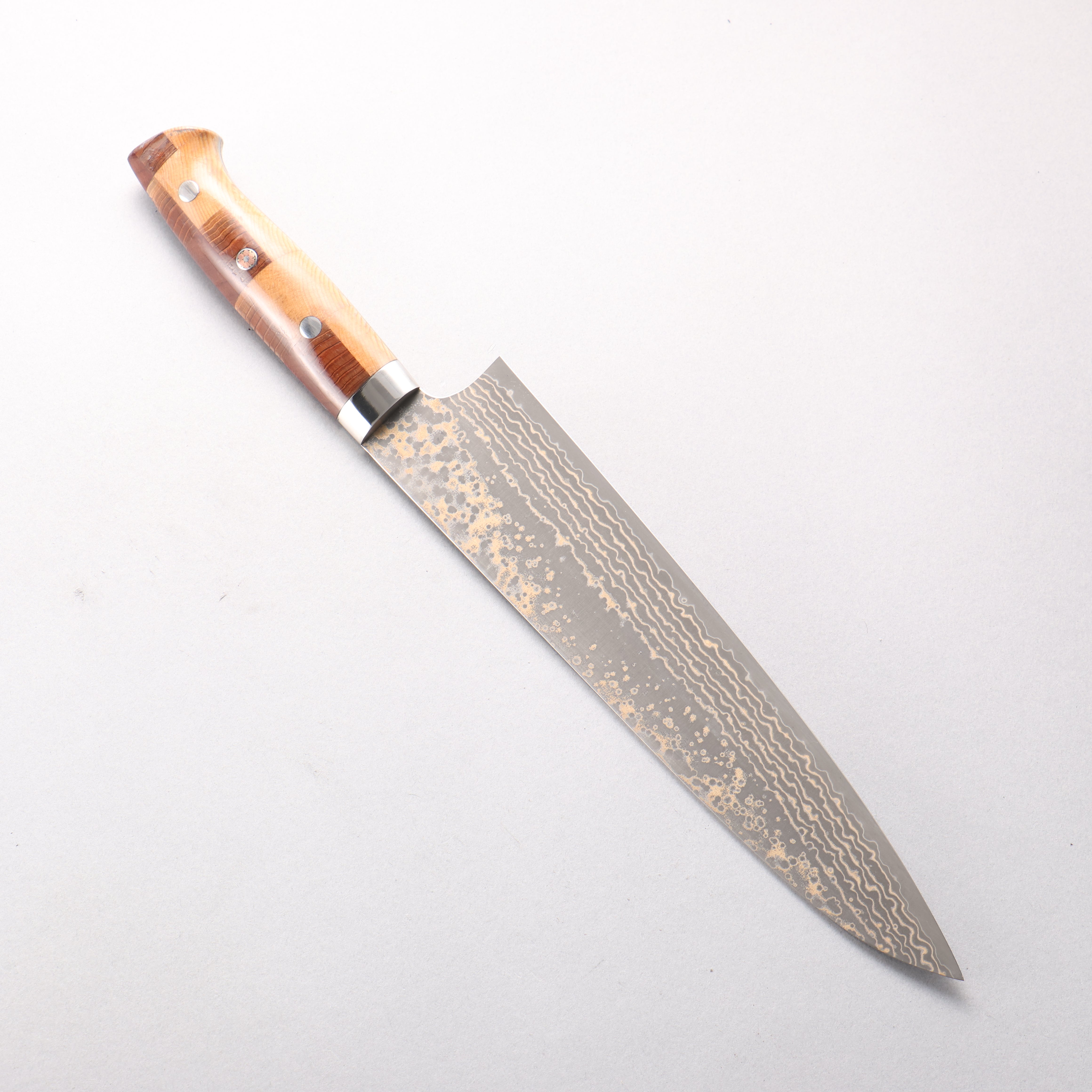 Takeshi Saji VG10w Damascus Gold Colored Gyuto 240mm Kumiko (Wood Mosaic) Handle - Seisuke Knife