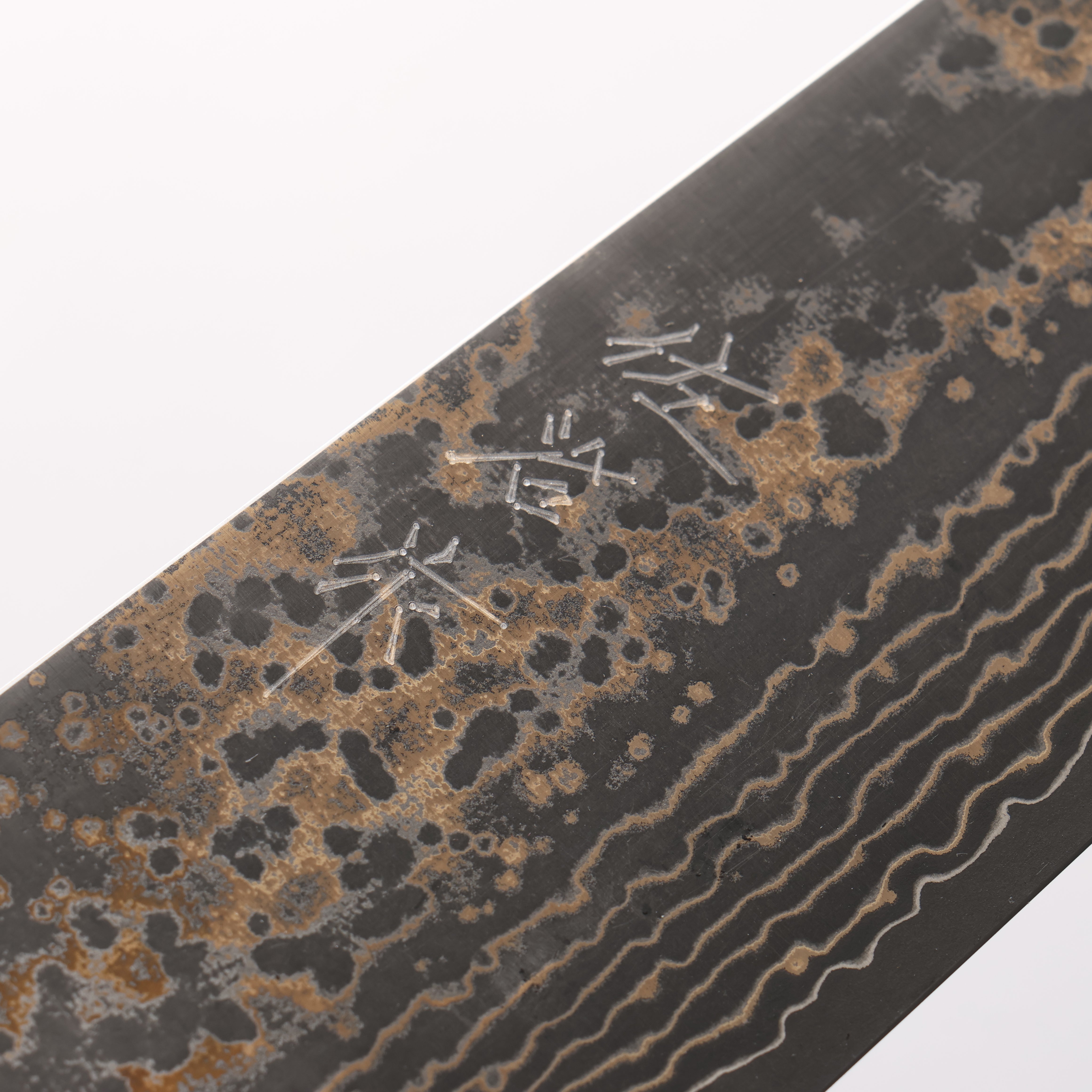 Takeshi Saji VG10w Damascus Gold Colored Gyuto 240mm Kumiko (Wood Mosaic) Handle - Seisuke Knife