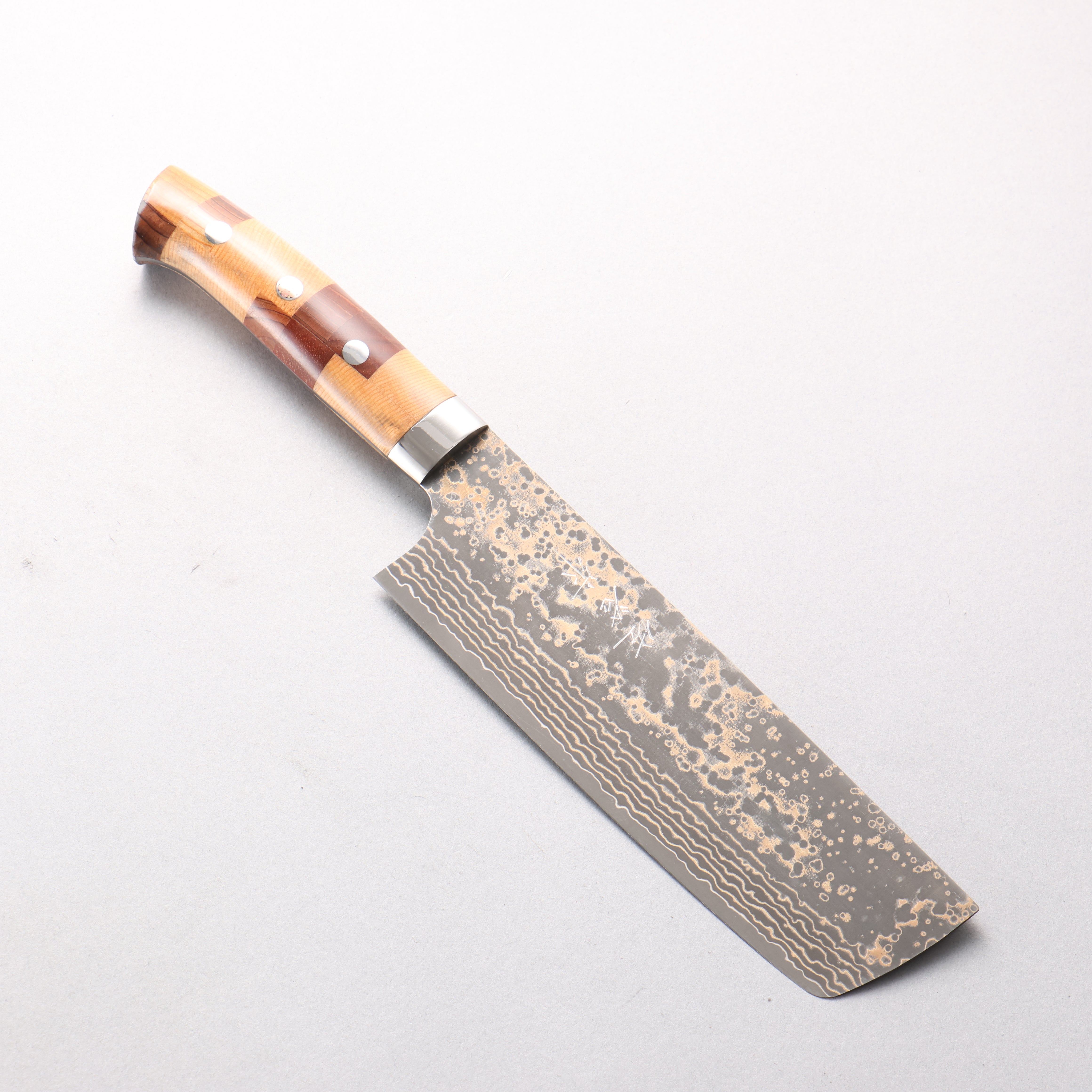 Takeshi Saji VG10w Damascus Gold Colored Nakiri 165mm Kumiko (Wood Mosaic) Handle - Seisuke Knife