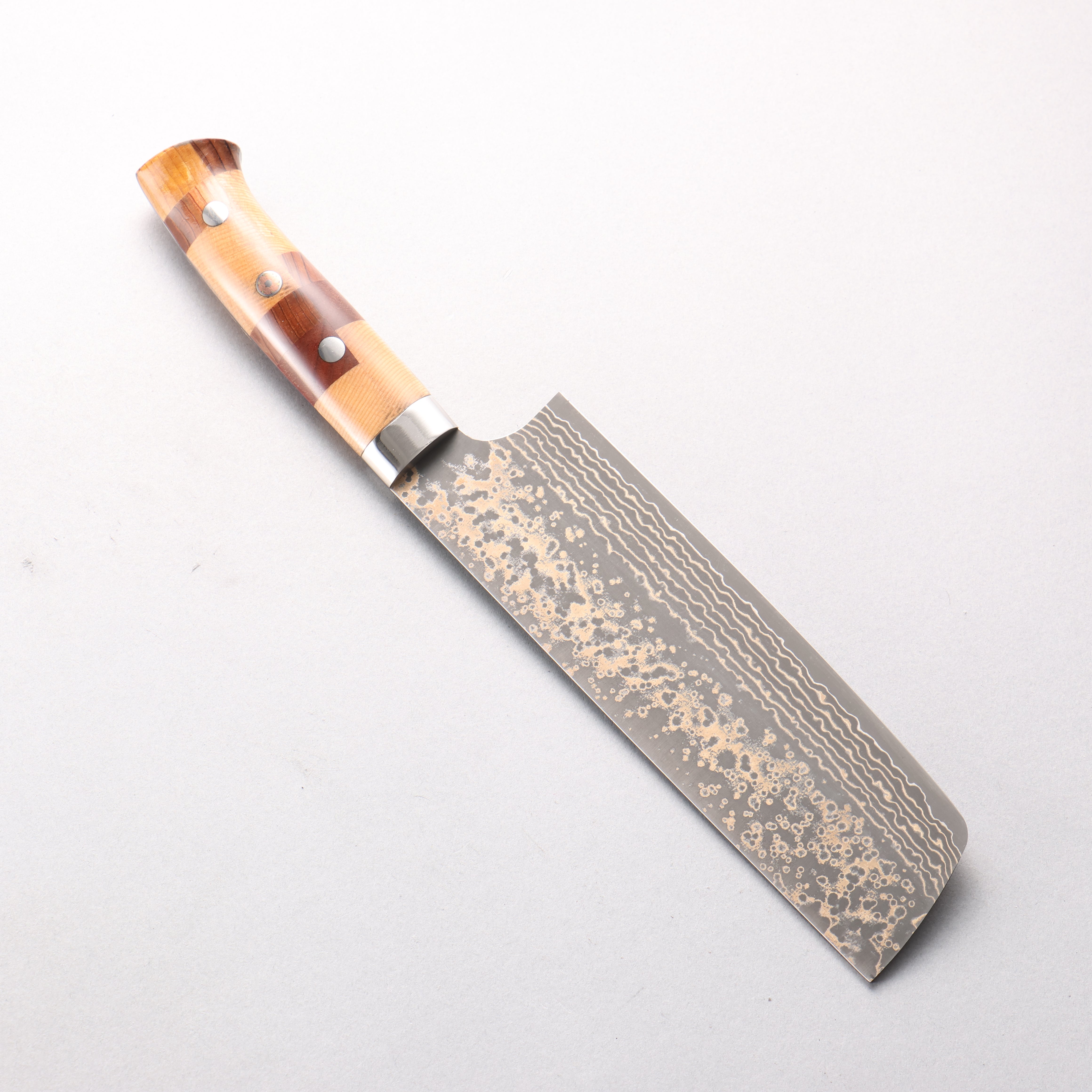 Takeshi Saji VG10w Damascus Gold Colored Nakiri 165mm Kumiko (Wood Mosaic) Handle - Seisuke Knife