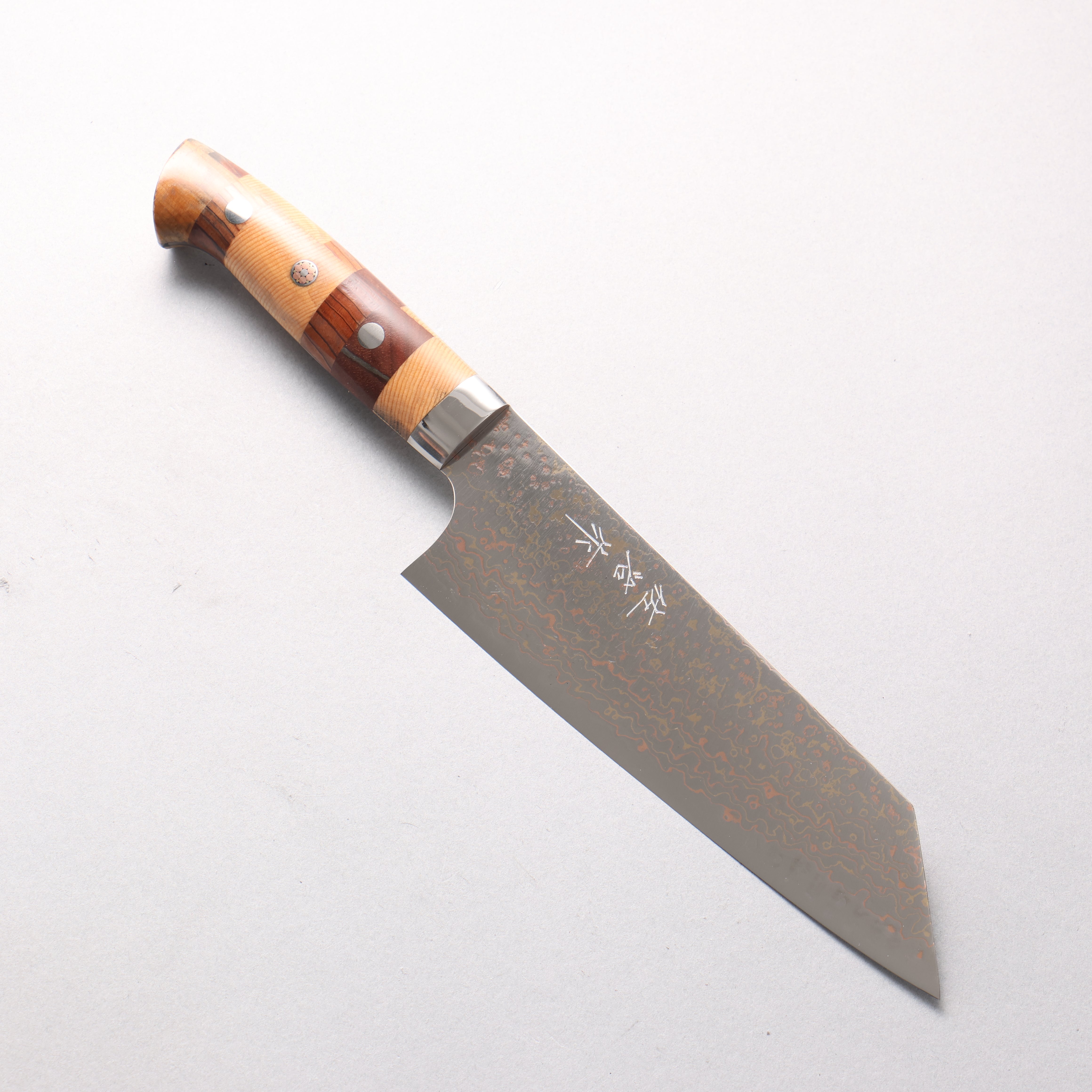 Takeshi Saji VG10w Colored Damascus Migaki Finished Bunka 180mm Kumiko (Wood Mosaic) Handle - Seisuke Knife