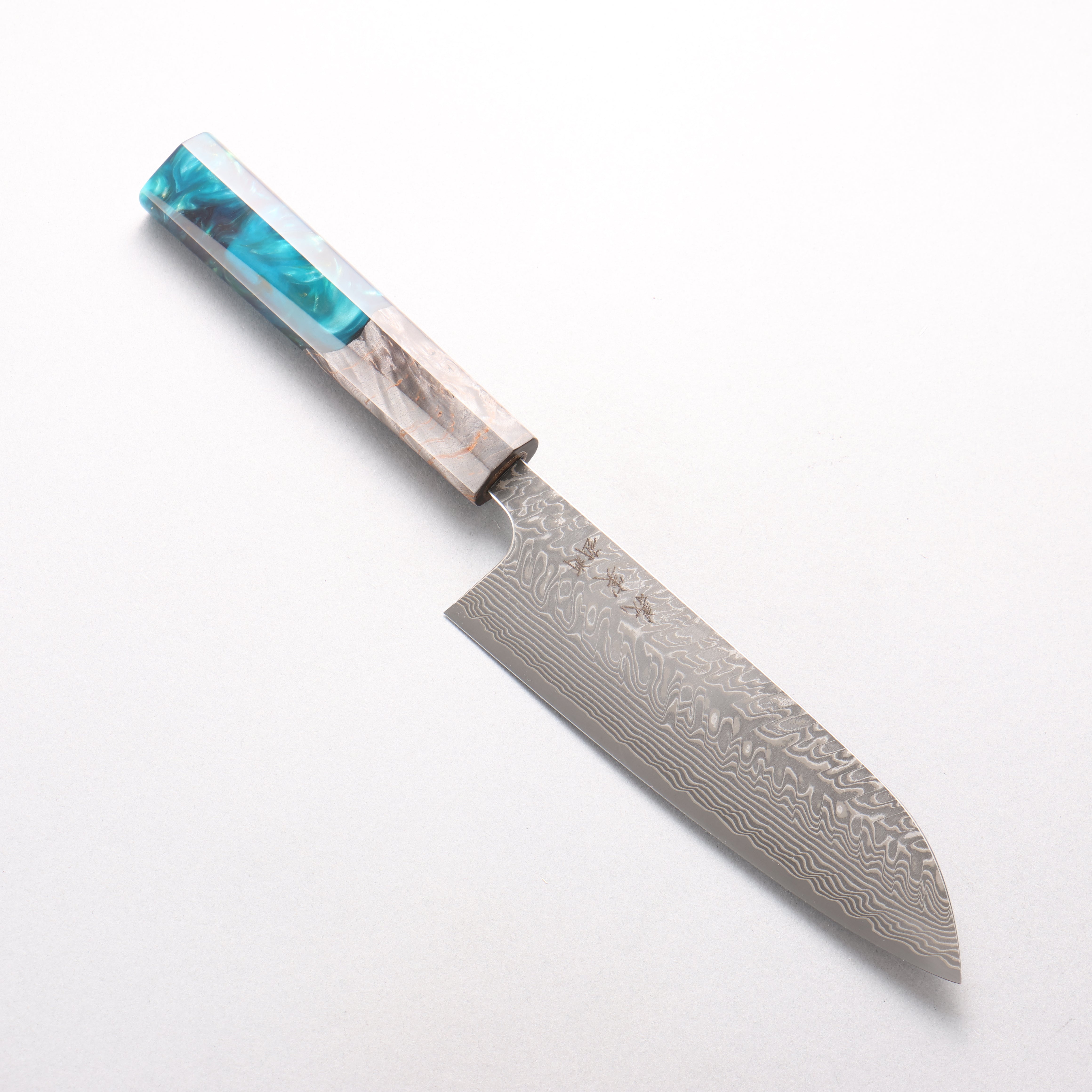 Yoshimi Kato SG2 Black Damascus Santoku 170mm Stabilized Birch with Emerald Green Resin Handle - Seisuke Knife