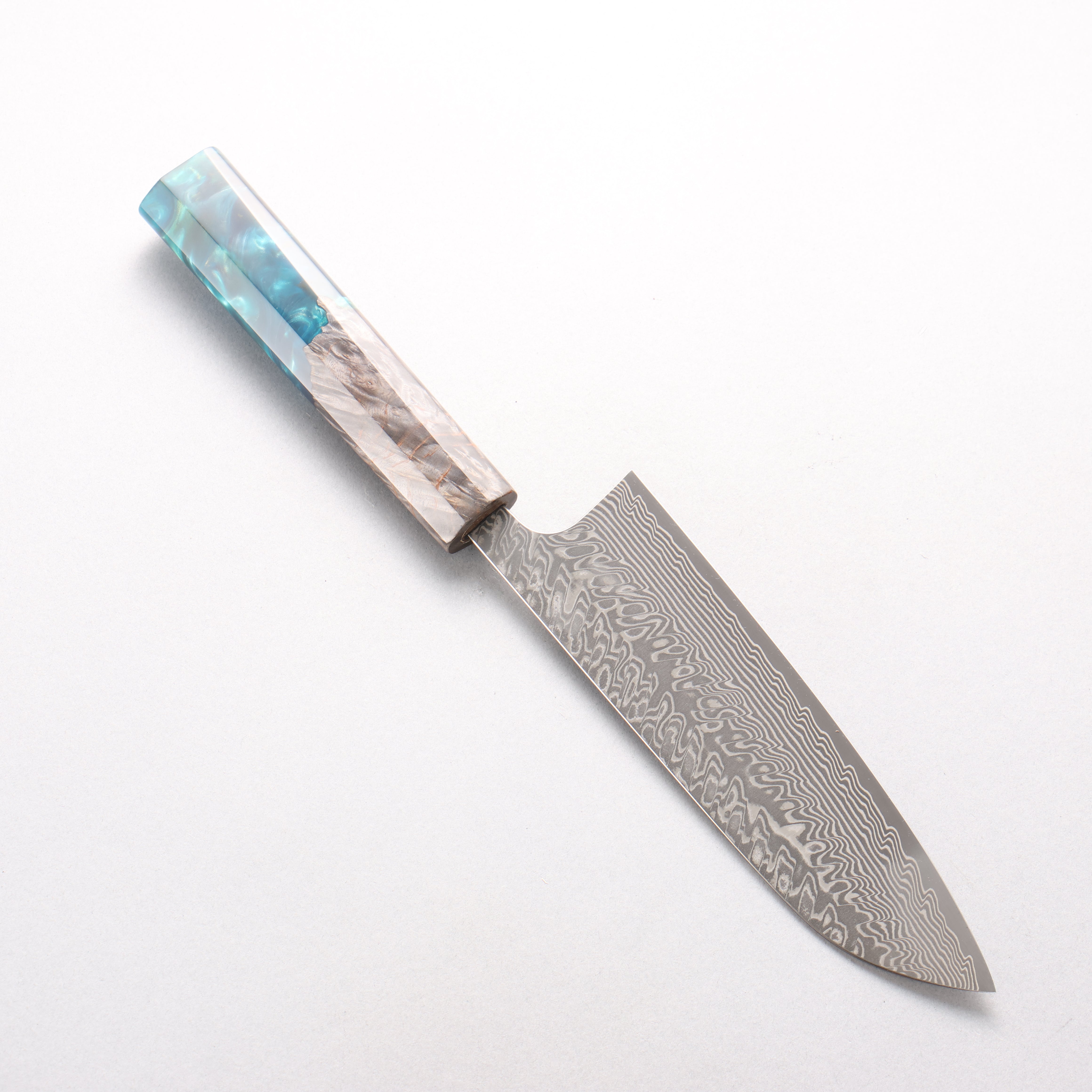 Yoshimi Kato SG2 Black Damascus Santoku 170mm Stabilized Birch with Emerald Green Resin Handle - Seisuke Knife