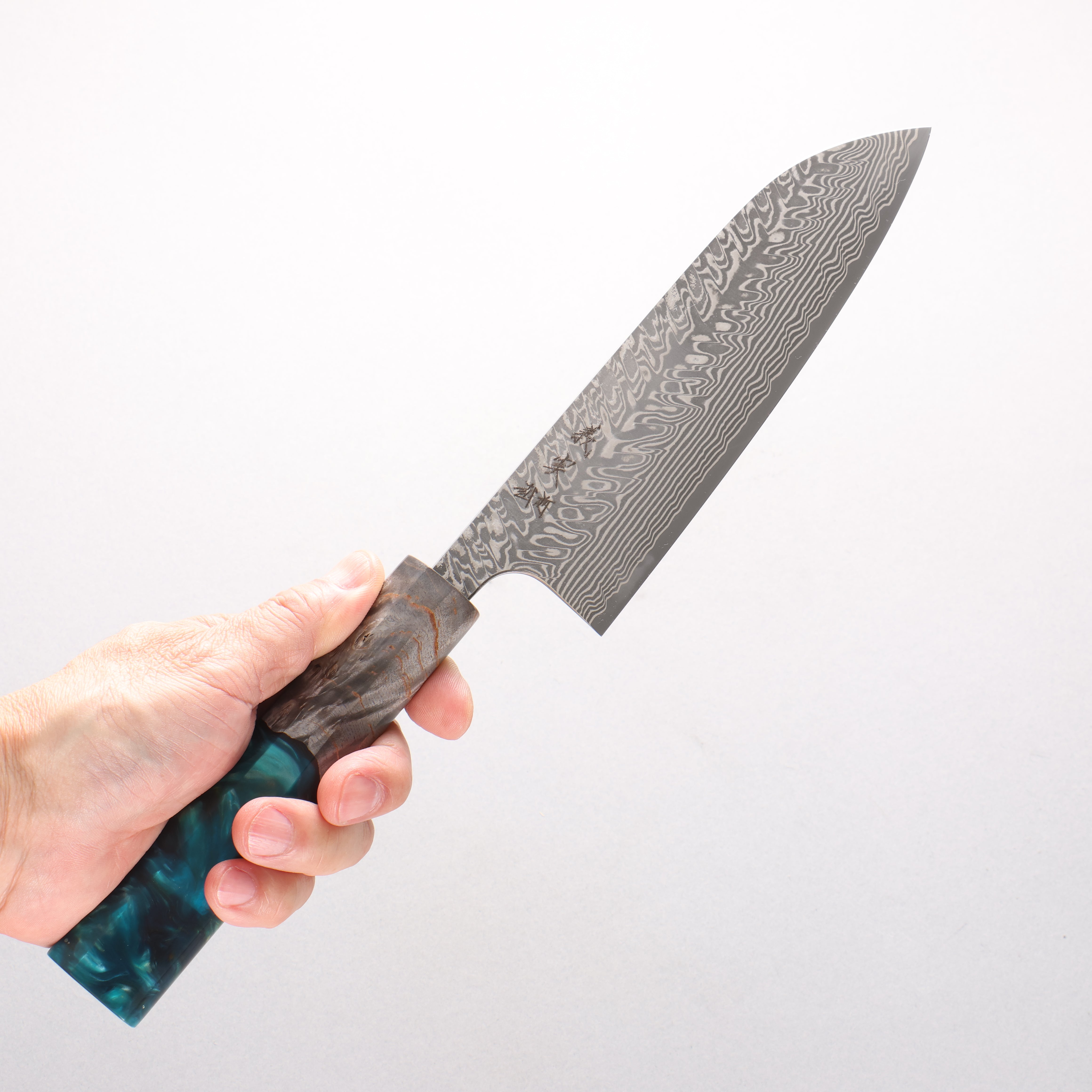 Yoshimi Kato SG2 Black Damascus Santoku 170mm Stabilized Birch with Emerald Green Resin Handle - Seisuke Knife