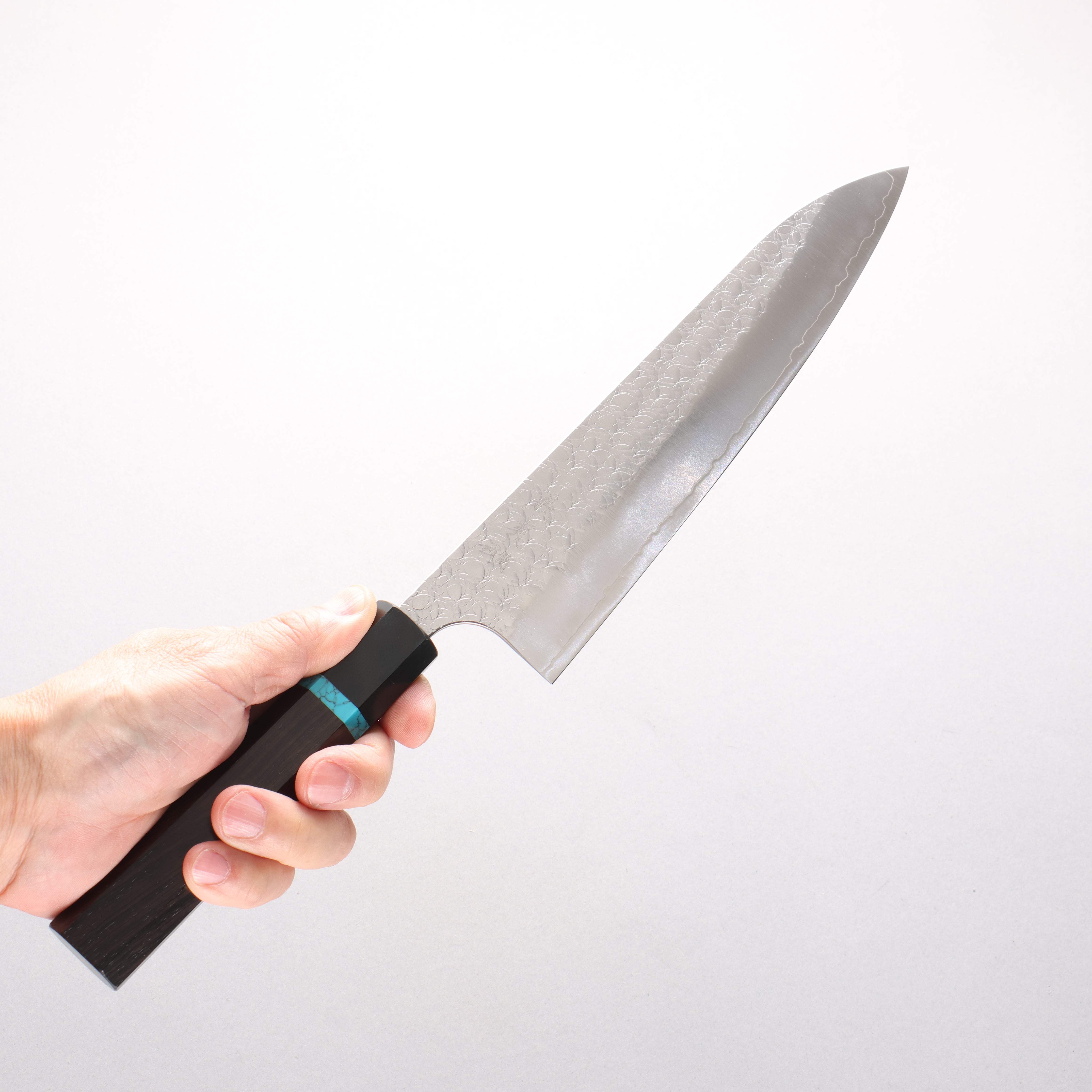 Yoshimi Kato Minamo SG2 Hammered Gyuto 210mm African Rosewood with Blue Turquoise Ring (ferrule: G10) Handle - Seisuke Knife