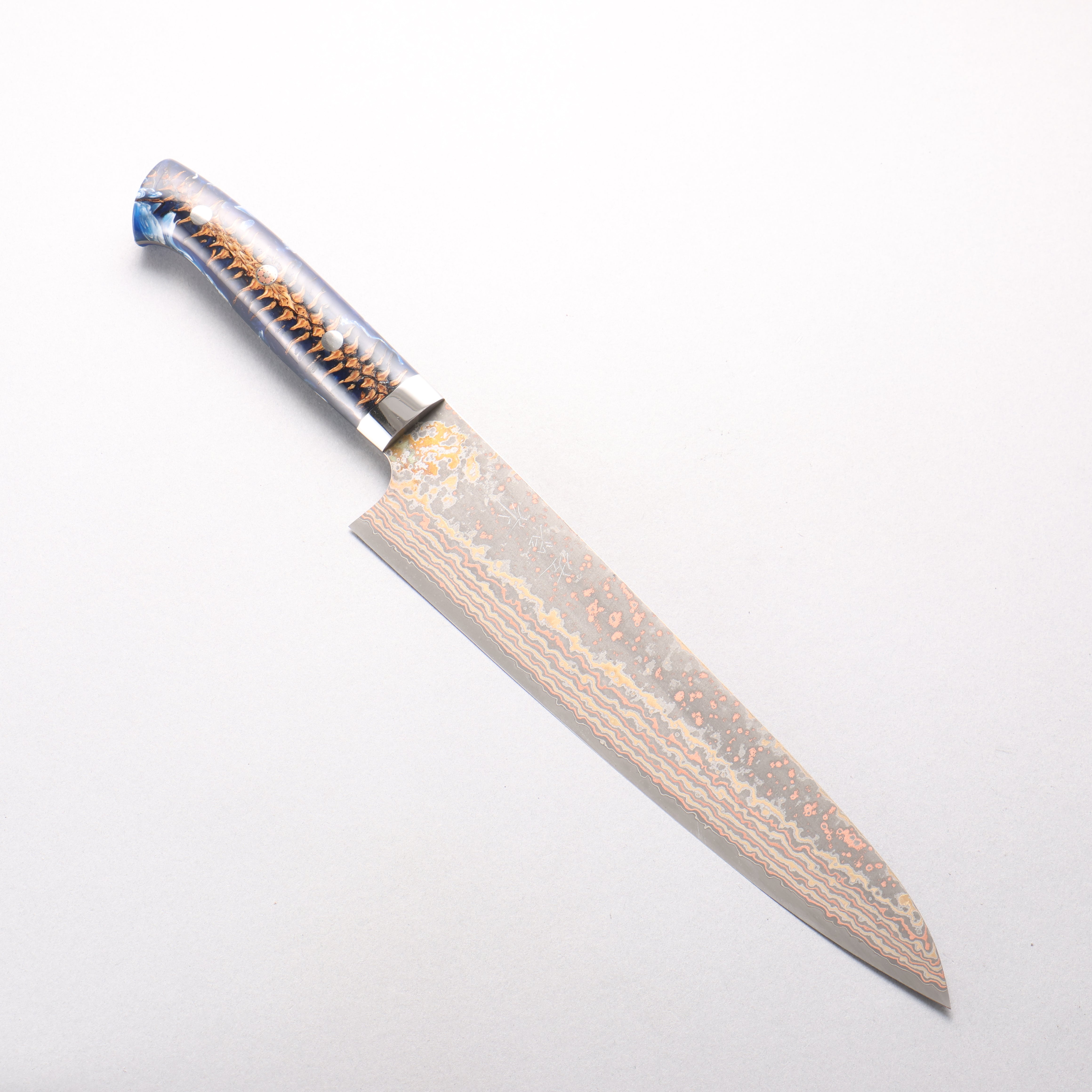 Takeshi Saji VG10w Colored Damascus Nashiji Gyuto 240mm Pine Cone and Blue Acrylic Handle - Seisuke Knife