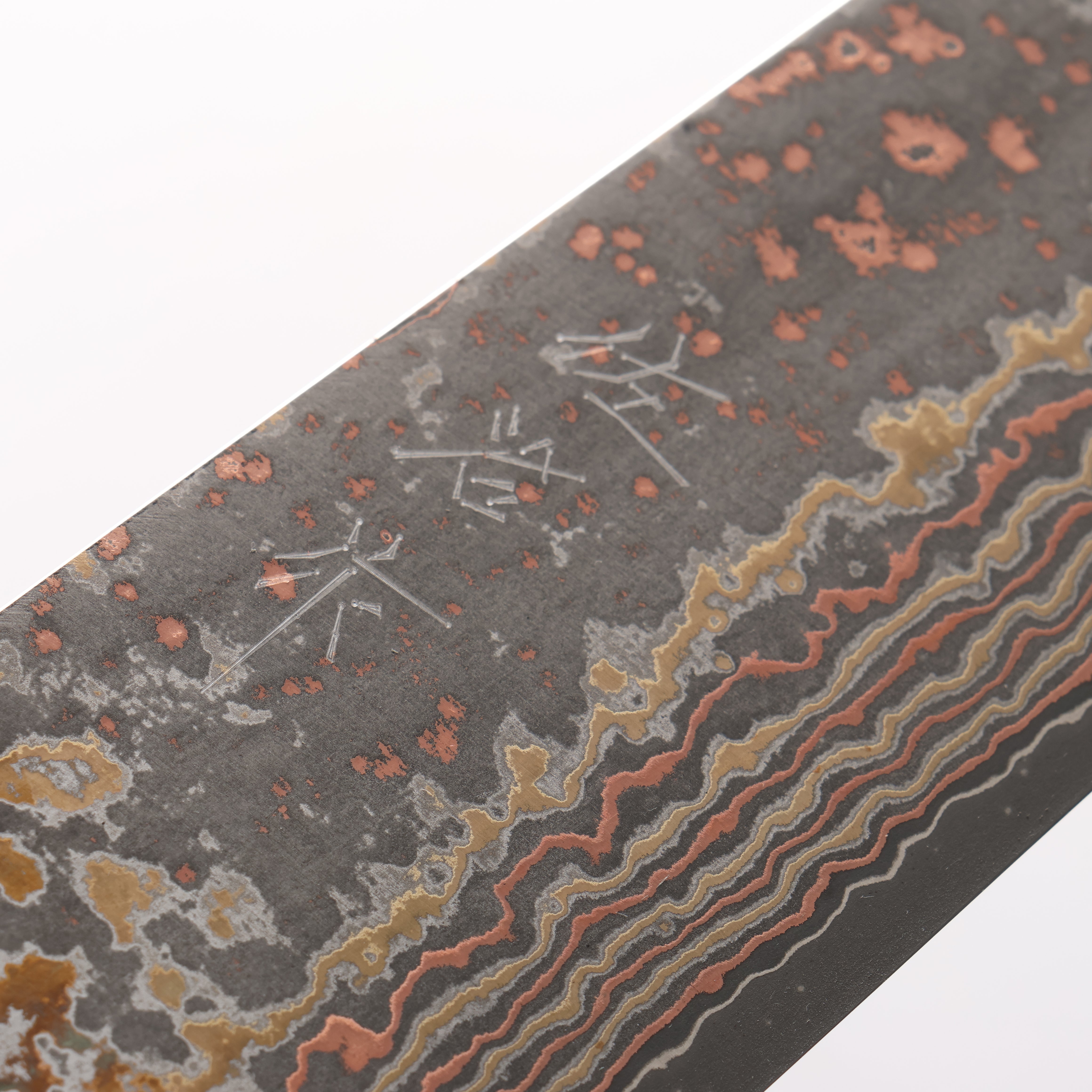 Takeshi Saji VG10w Colored Damascus Nashiji Gyuto 240mm Pine Cone and Blue Acrylic Handle - Seisuke Knife