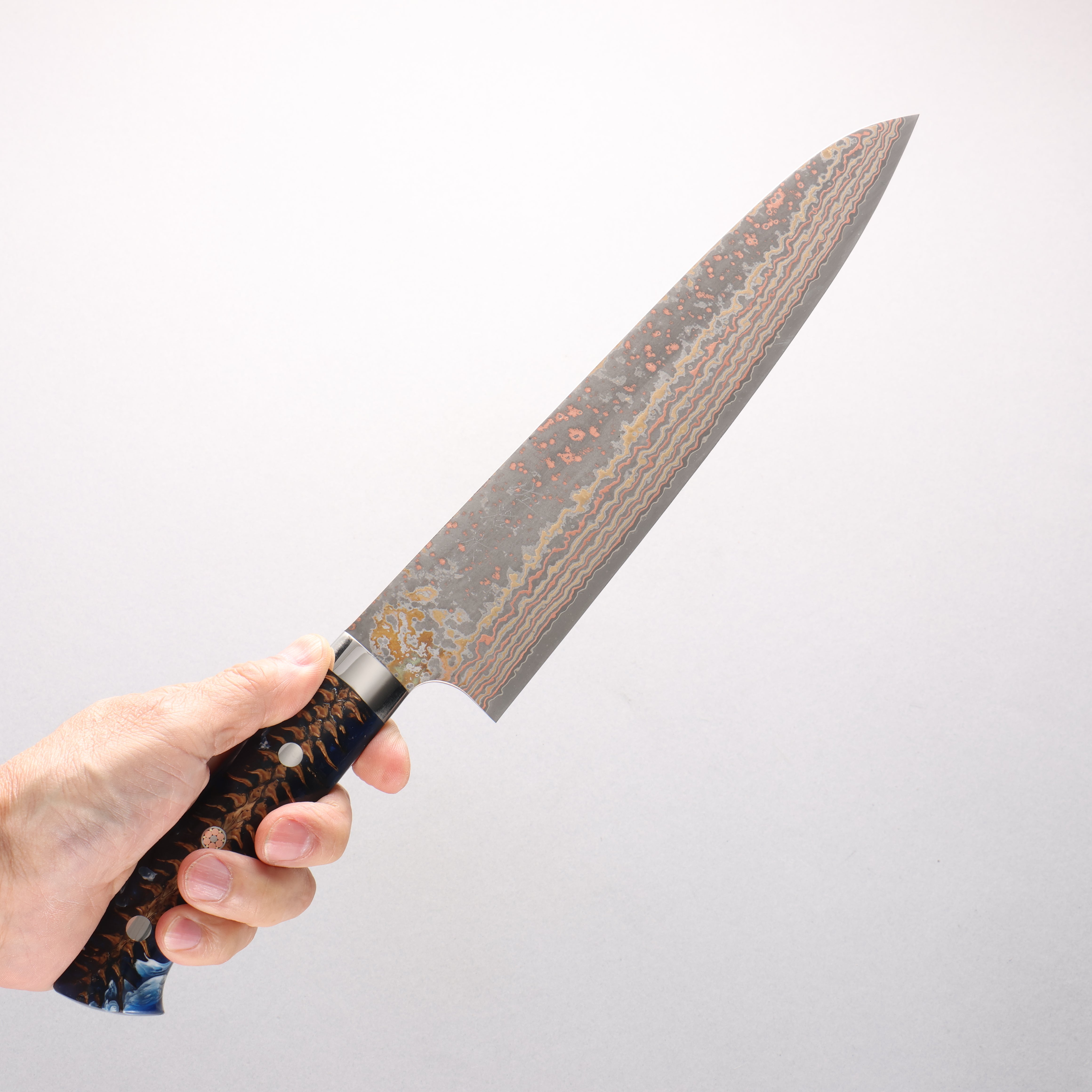 Takeshi Saji VG10w Colored Damascus Nashiji Gyuto 240mm Pine Cone and Blue Acrylic Handle - Seisuke Knife