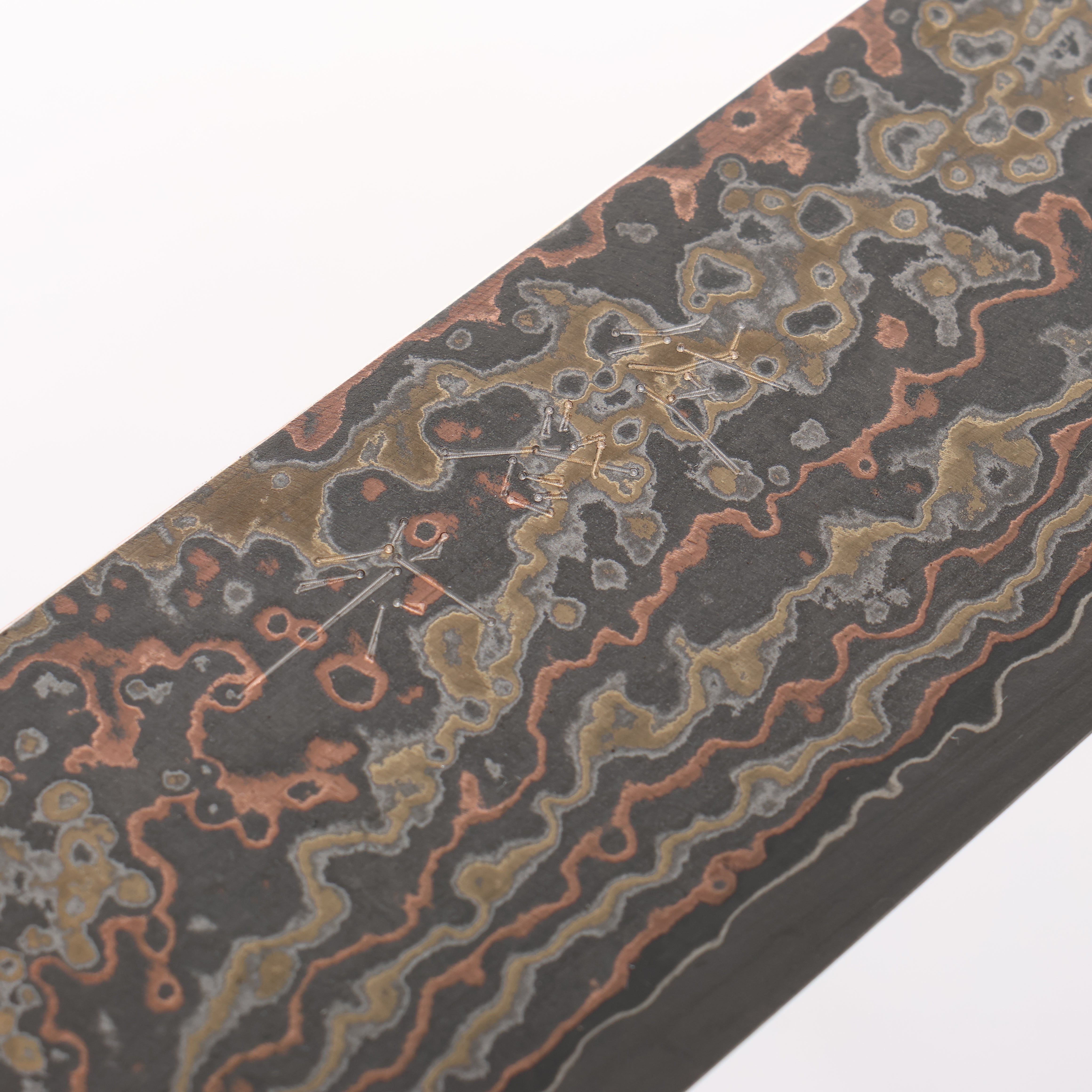 Takeshi Saji VG10w Colored Damascus Nashiji Gyuto 210mm Pine Cone and Blue Acrylic Handle - Seisuke Knife