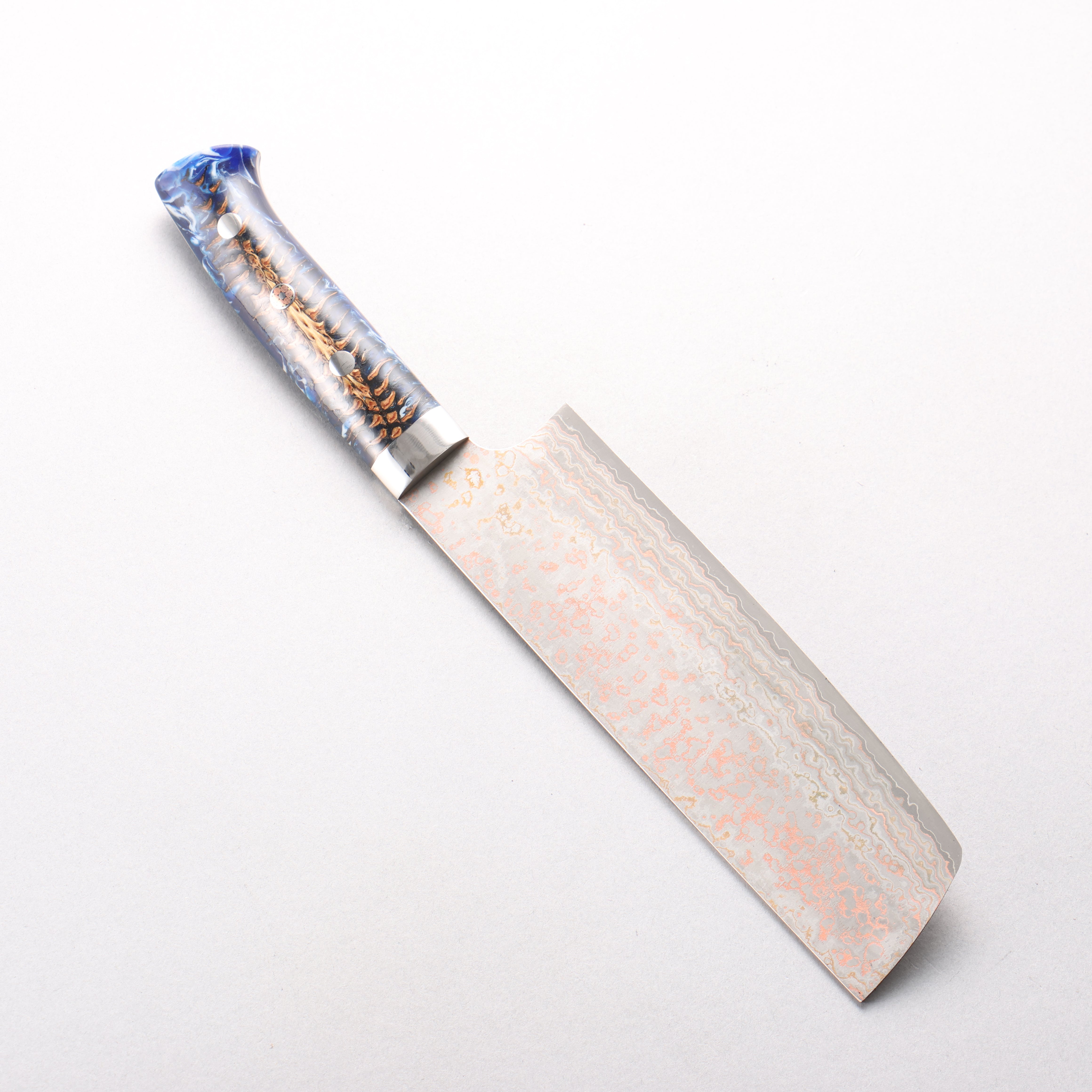 Takeshi Saji VG10w Colored Damascus Nashiji Nakiri 165mm Pine Cone and Blue Acrylic Handle - Seisuke Knife
