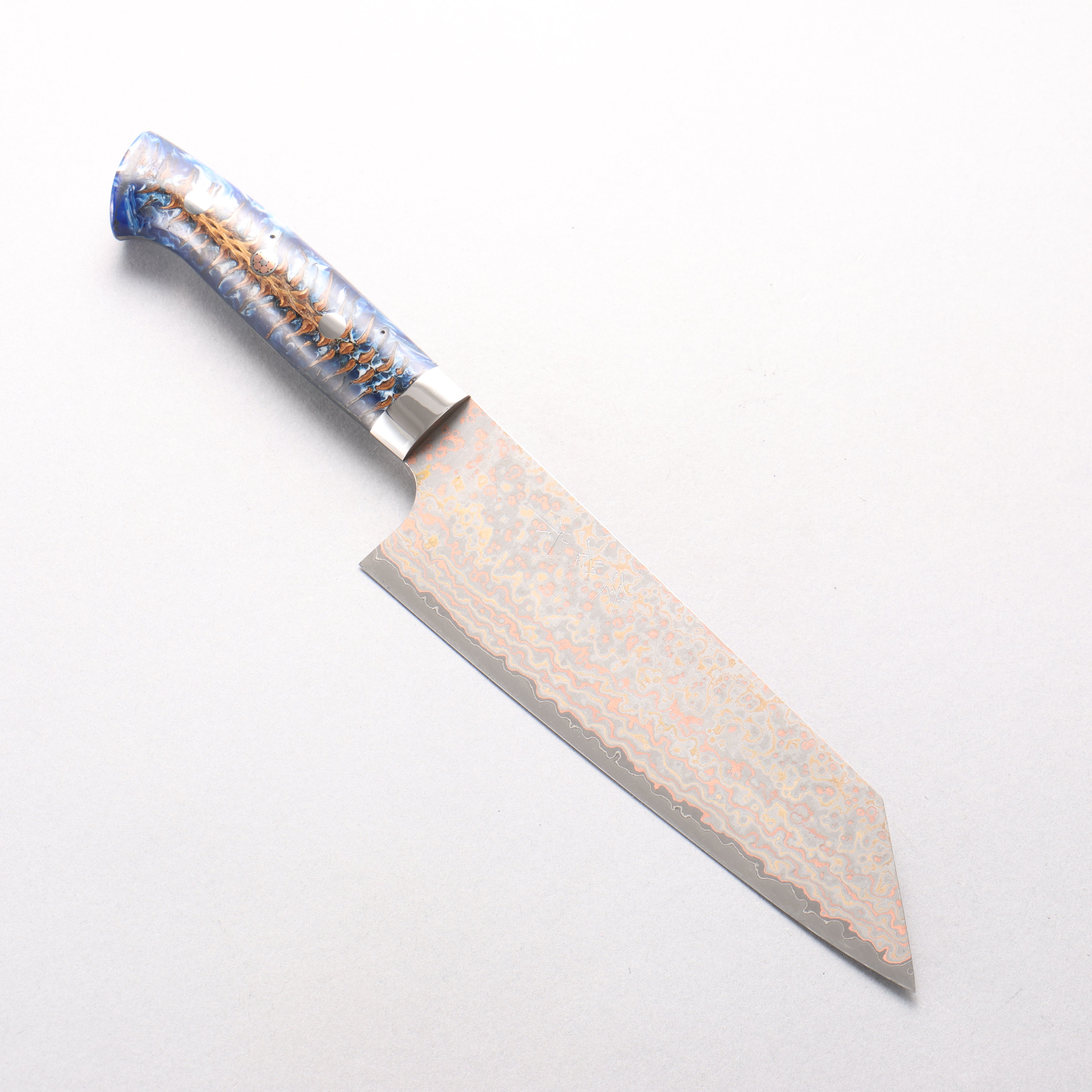 Takeshi Saji VG10w Colored Damascus Nashiji Bunka 180mm Pine Cone and Blue Acrylic Handle - Seisuke Knife