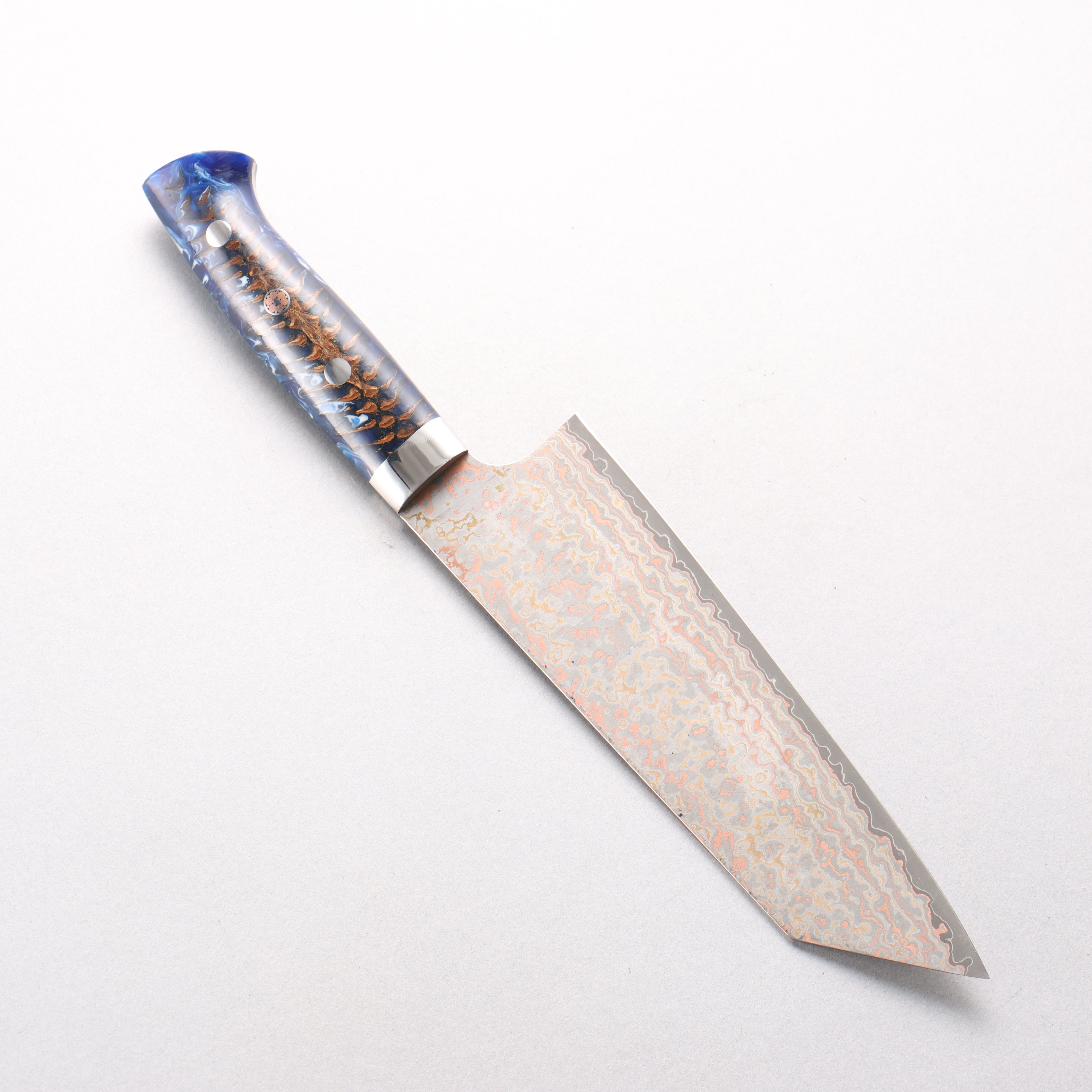 Takeshi Saji VG10w Colored Damascus Nashiji Bunka 180mm Pine Cone and Blue Acrylic Handle - Seisuke Knife