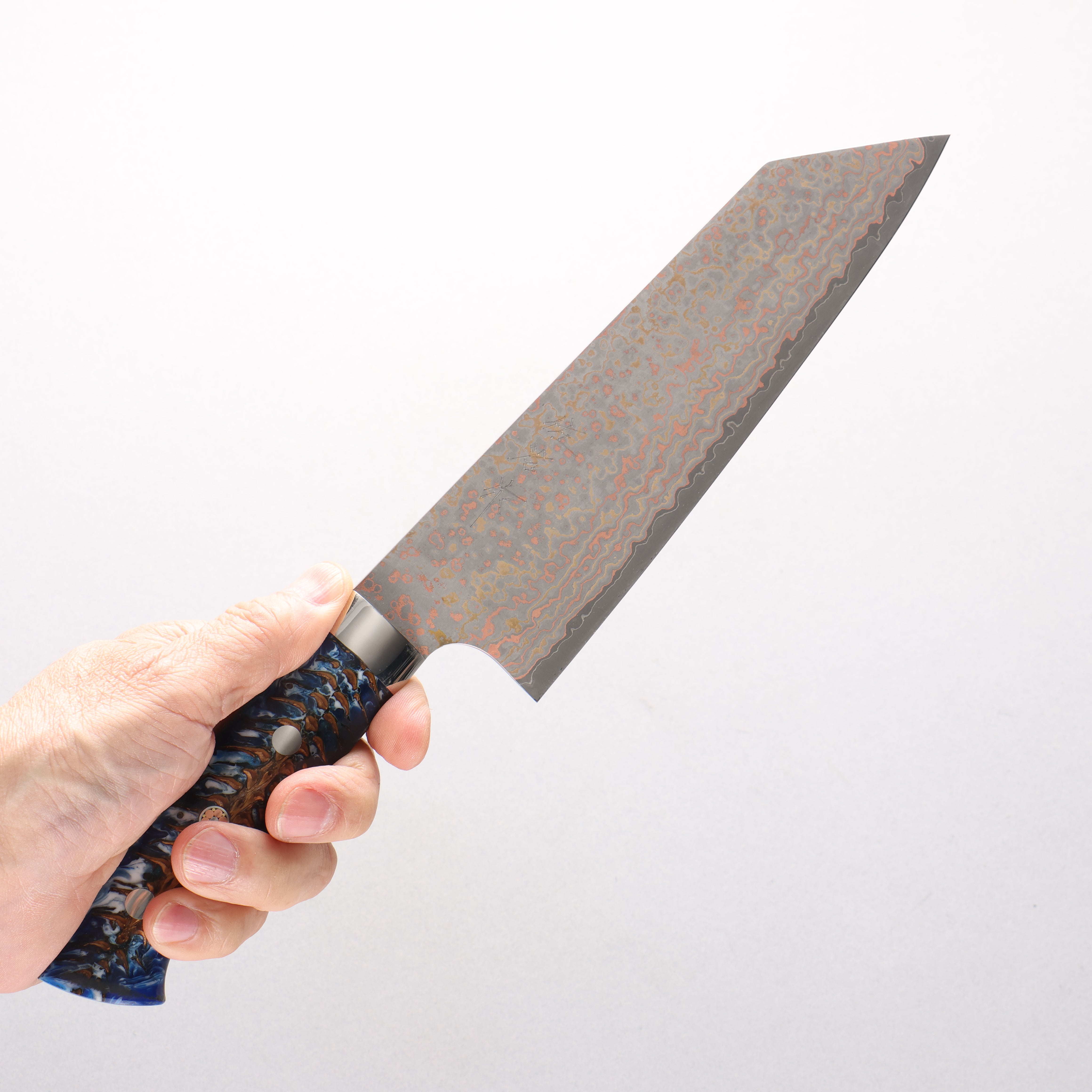 Takeshi Saji VG10w Colored Damascus Nashiji Bunka 180mm Pine Cone and Blue Acrylic Handle - Seisuke Knife
