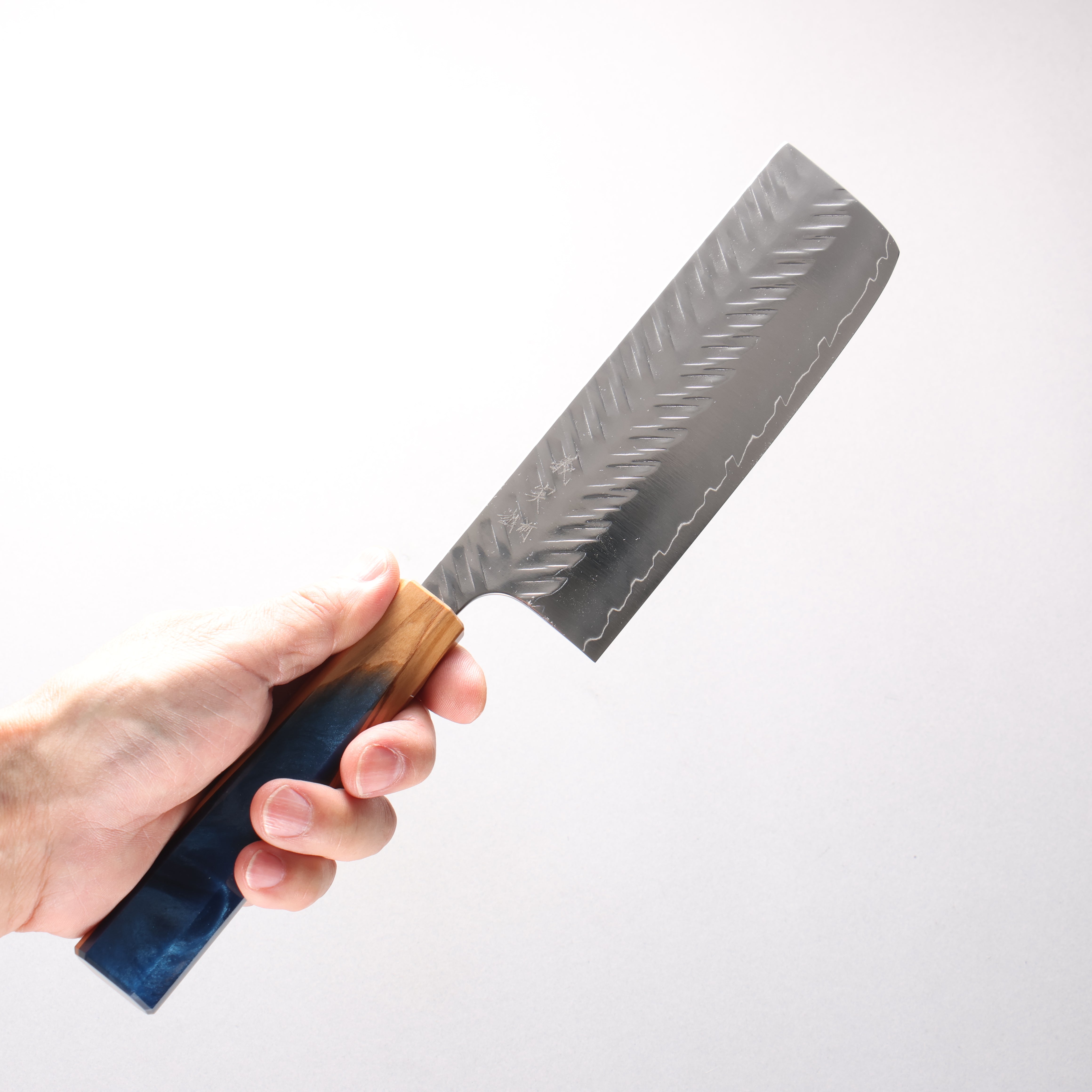 Yoshimi Kato SPG STRIX Hammered (V) Nakiri 165mm Olive Tree and Blue Resin Handle