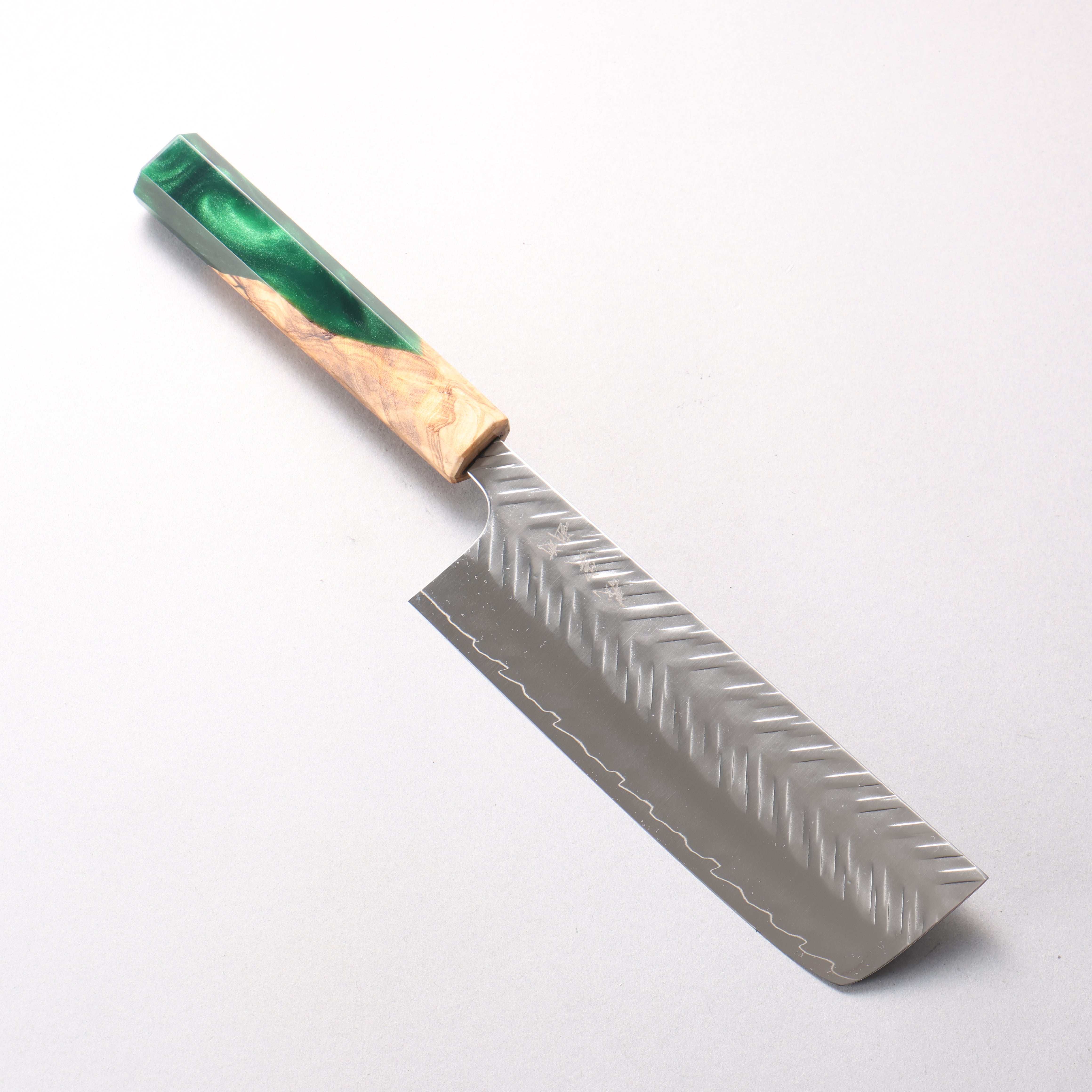 Yoshimi Kato SPG STRIX Hammered (V) Nakiri 165mm Olive Tree and Green Resin Handle
