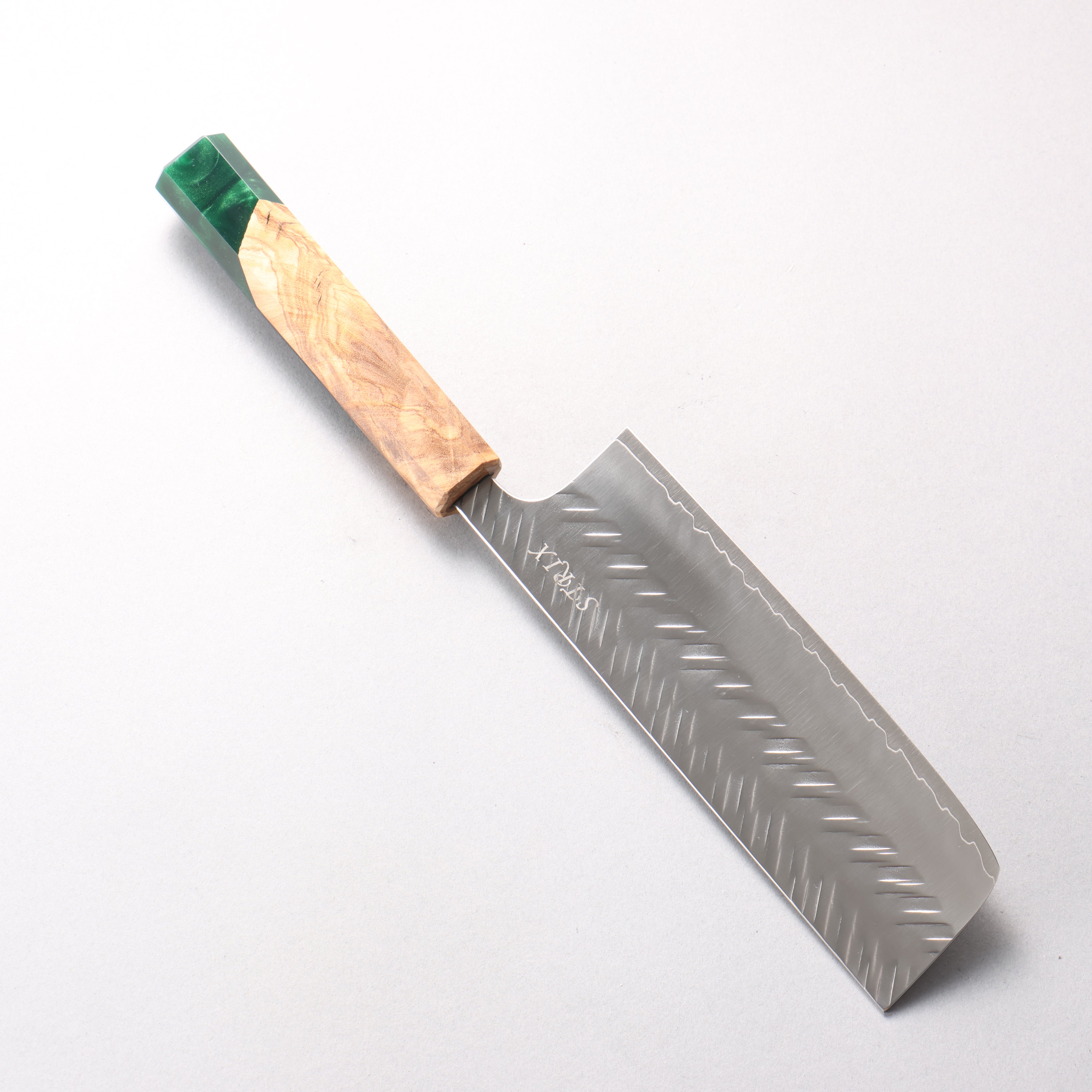 Yoshimi Kato SPG STRIX Hammered (V) Nakiri 165mm Olive Tree and Green Resin Handle