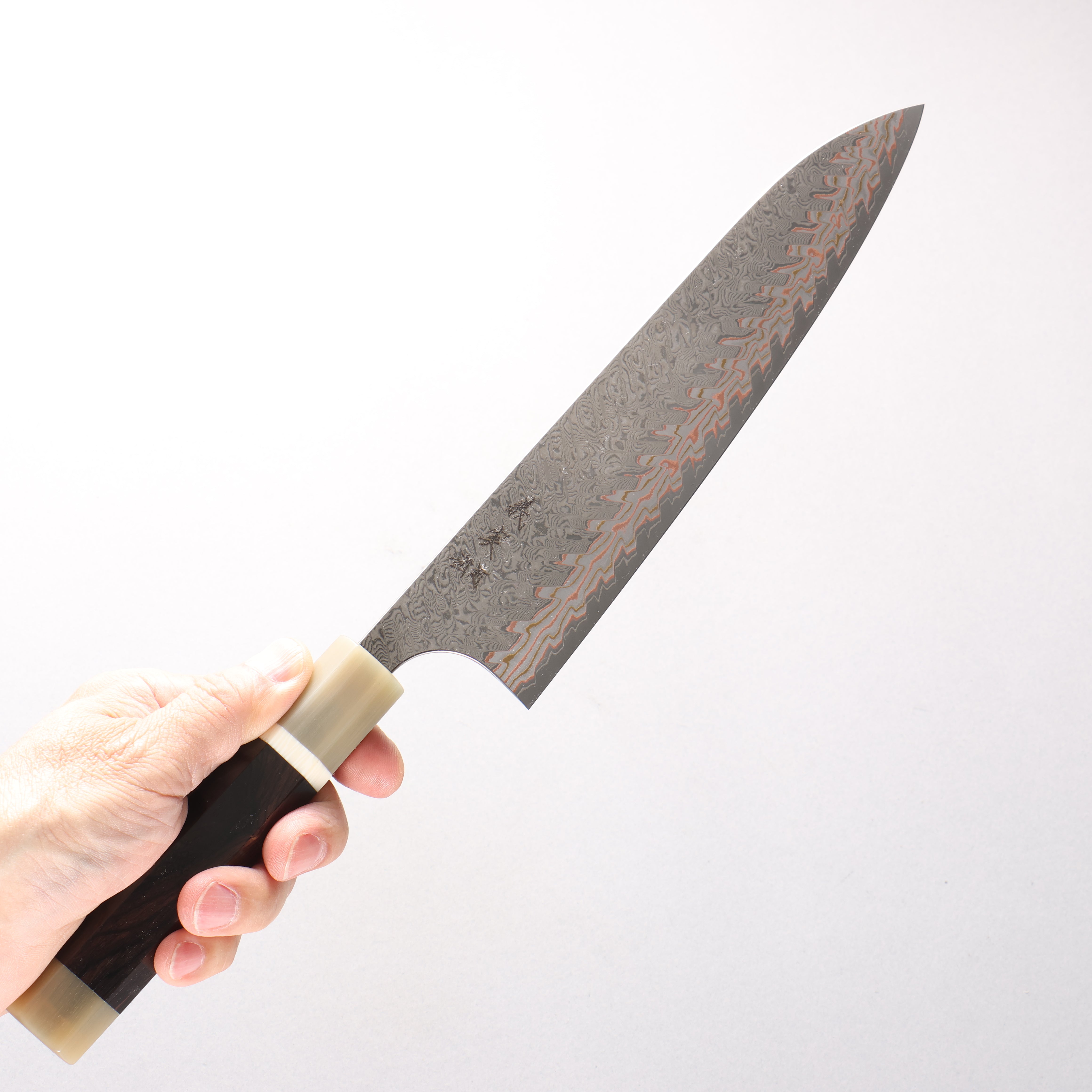 Yoshimi Kato VG10w Colored Damascus Gyuto 210mm African Rosewood (with Double White Buffalo Horn) Handle