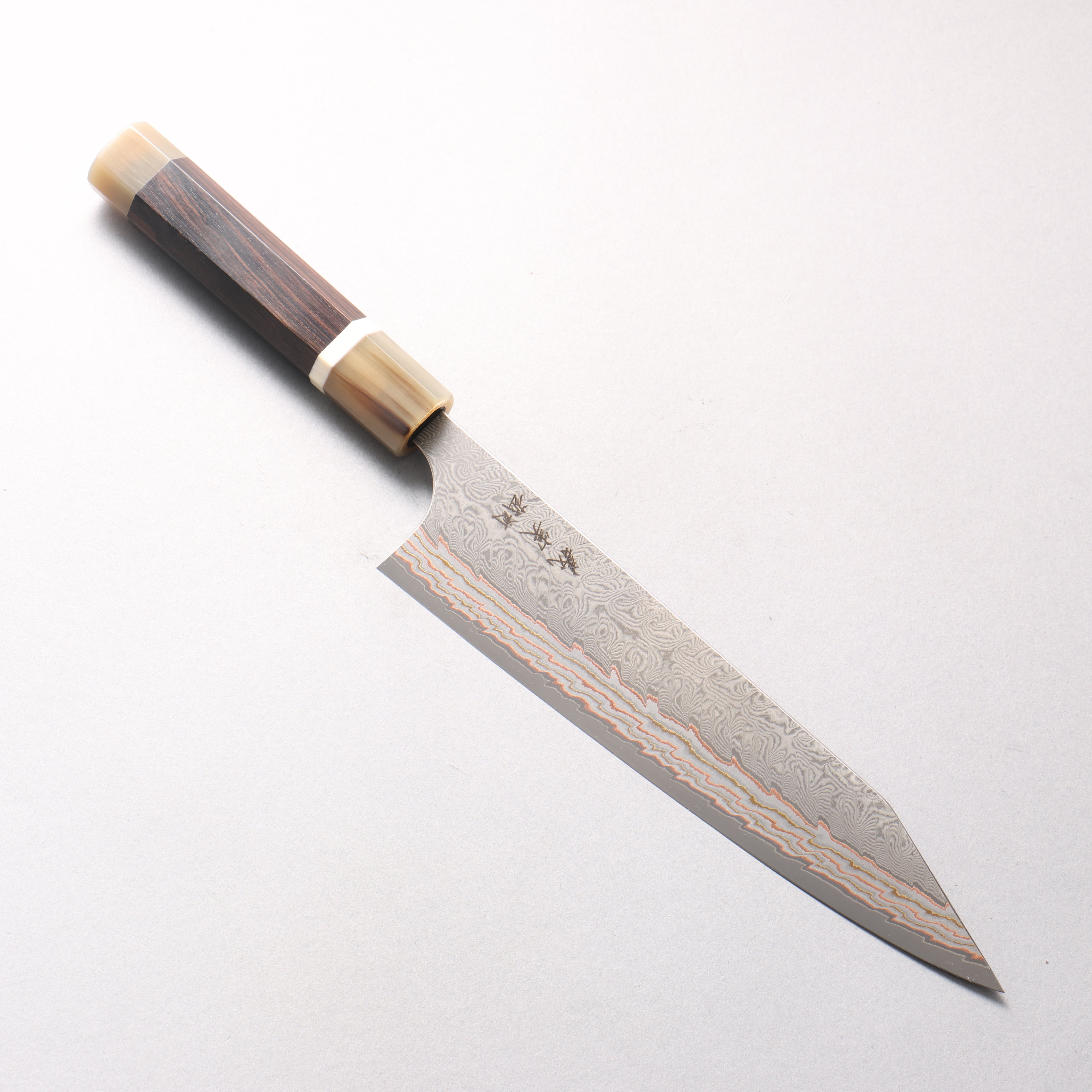 Yoshimi Kato VG10w Colored Damascus Kiritsuke Gyuto 210mm African Rosewood (with Double White Buffalo Horn) Handle