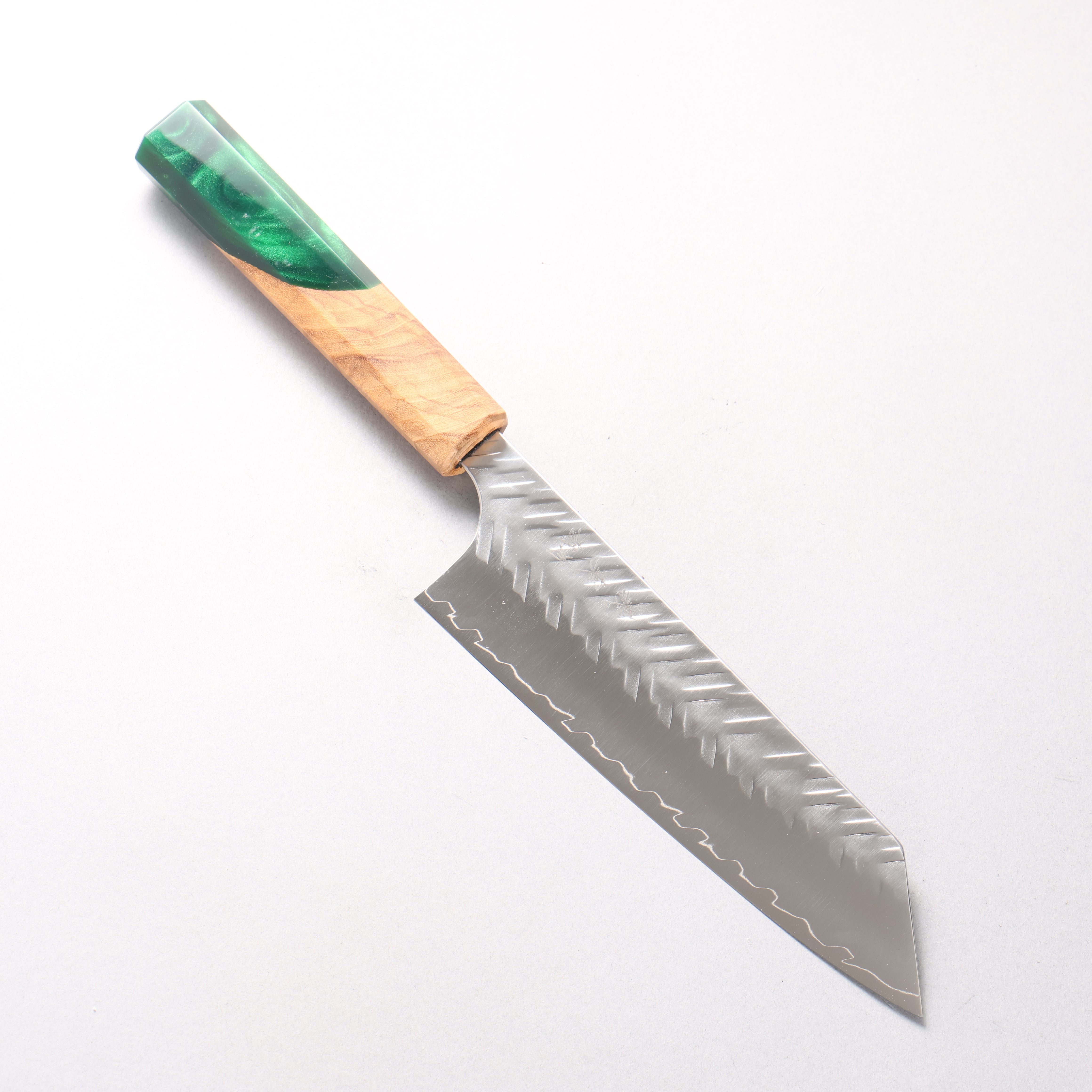 Yoshimi Kato SPG STRIX Hammered (V) Bunka 170mm Olive Tree and Green Resin Handle