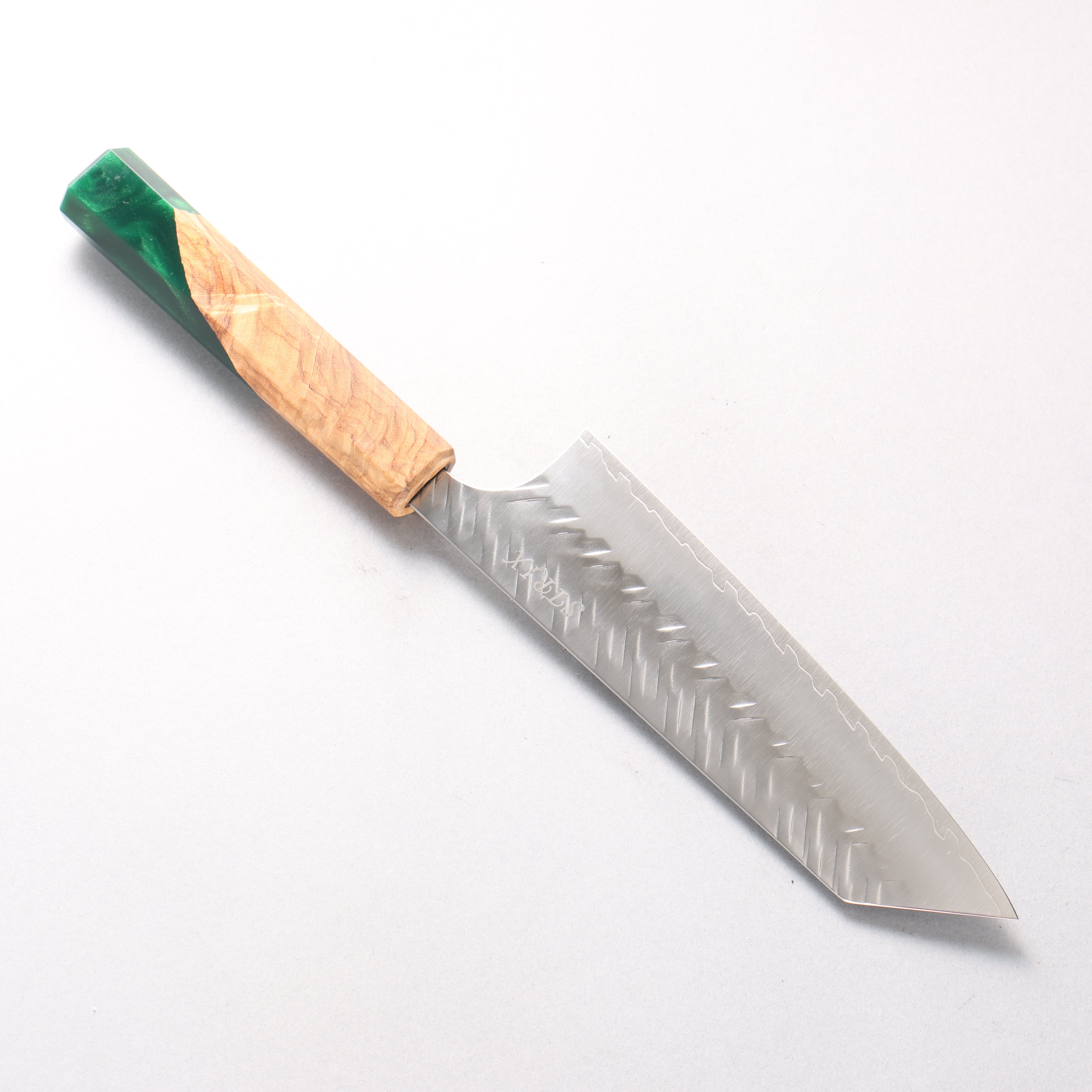 Yoshimi Kato SPG STRIX Hammered (V) Bunka 170mm Olive Tree and Green Resin Handle
