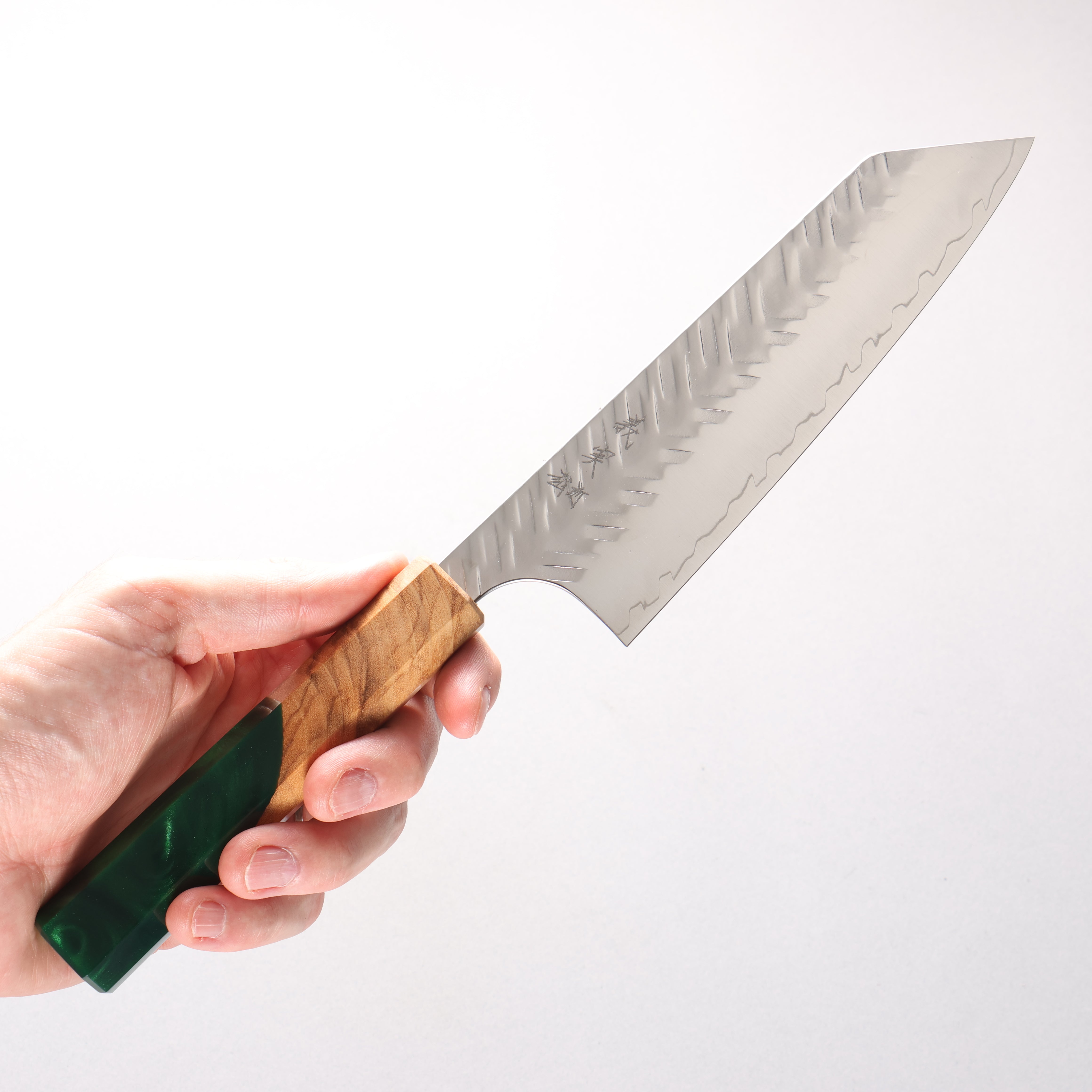 Yoshimi Kato SPG STRIX Hammered (V) Bunka 170mm Olive Tree and Green Resin Handle