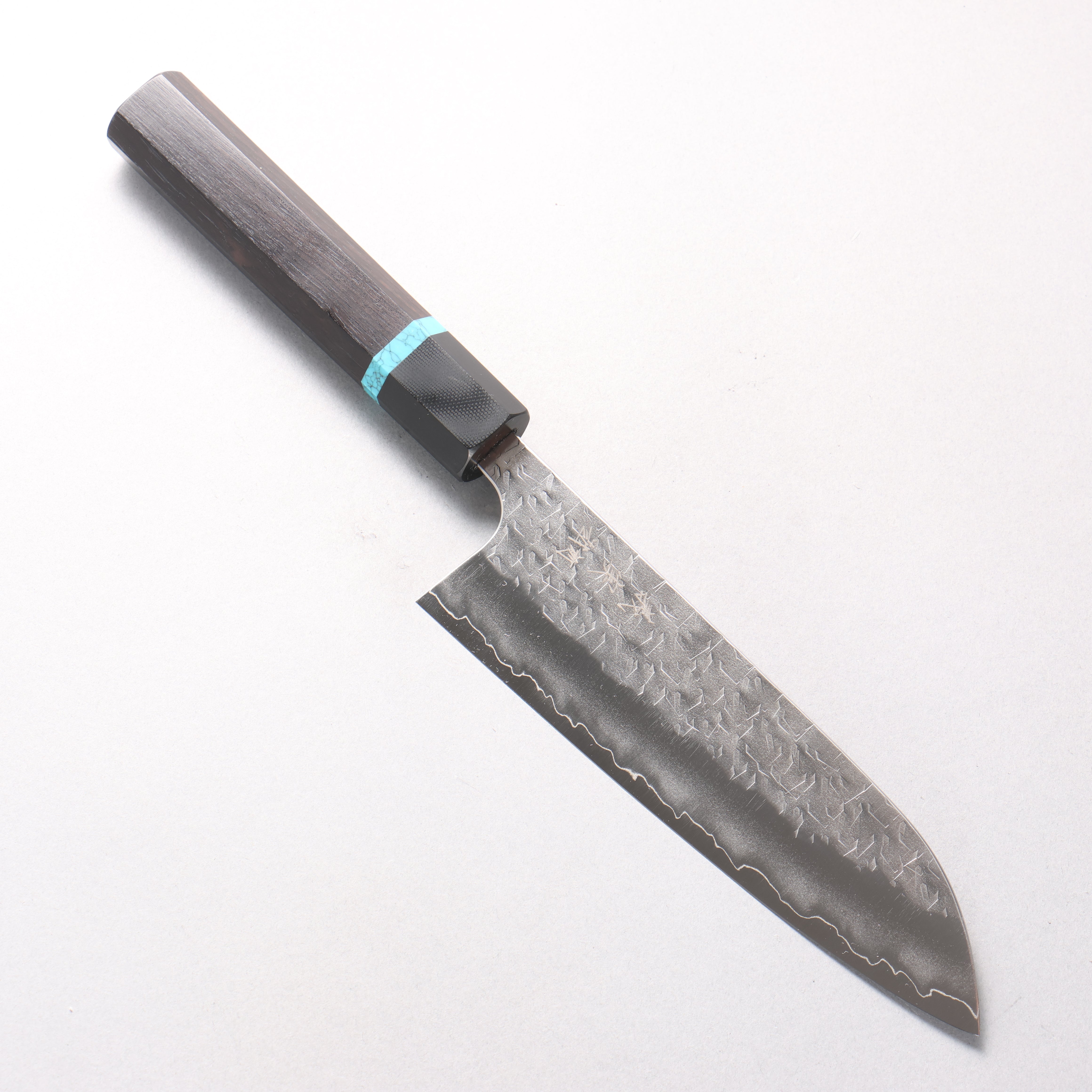 Yoshimi Kato Hyo SG2 Hammered Santoku 170mm African Rosewood with Blue Turquoise Ring (ferrule: G10) Handle
