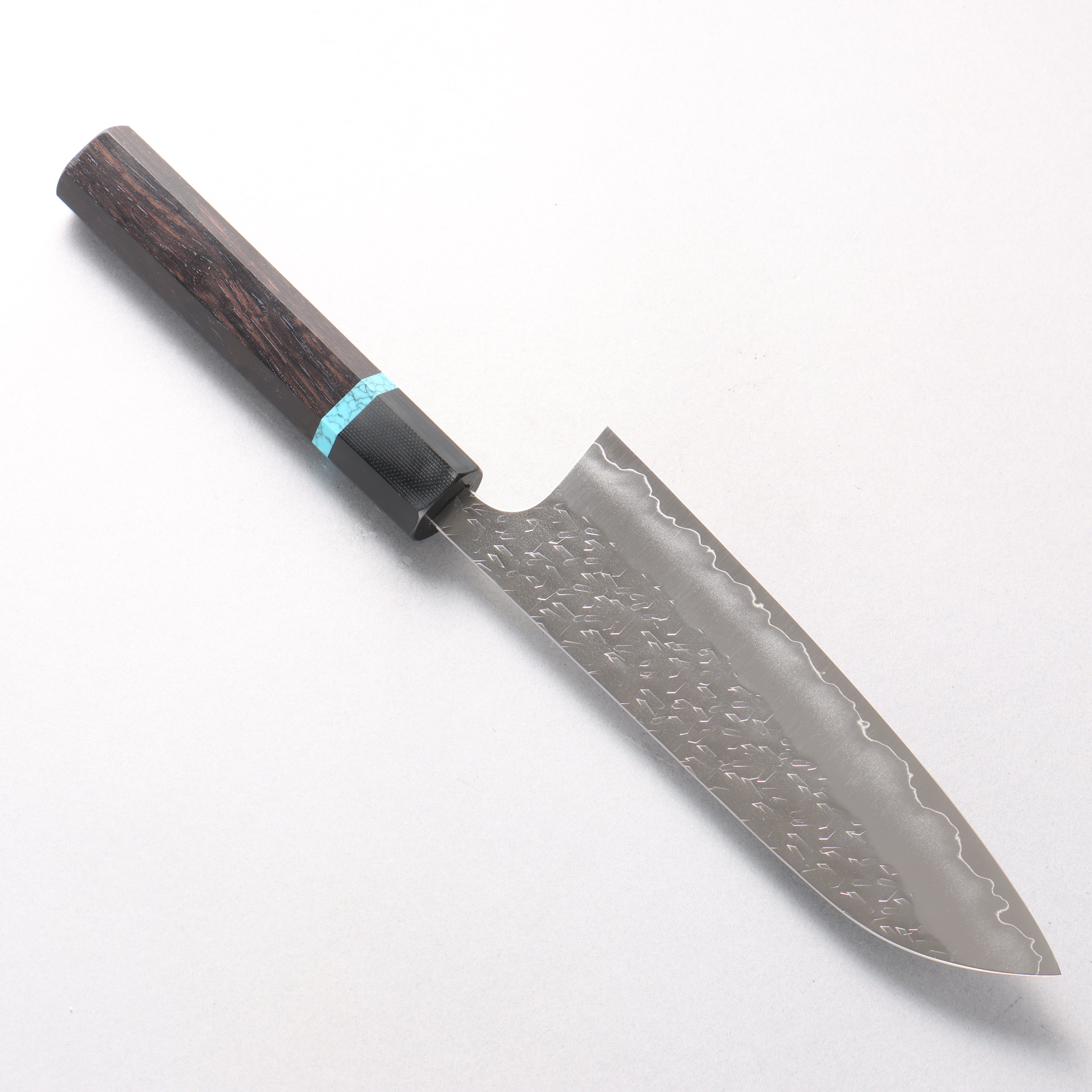 Yoshimi Kato Hyo SG2 Hammered Santoku 170mm African Rosewood with Blue Turquoise Ring (ferrule: G10) Handle
