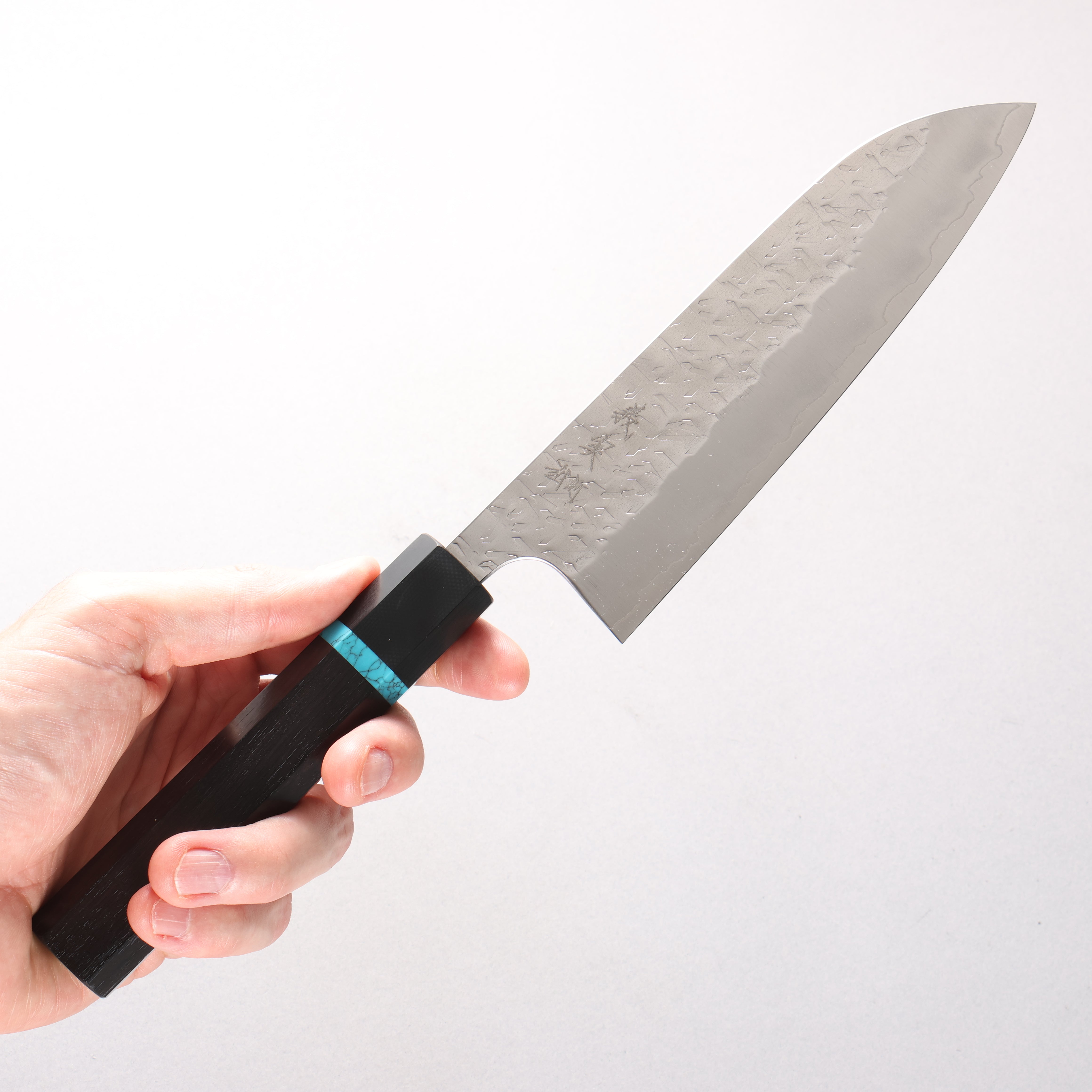 Yoshimi Kato Hyo SG2 Hammered Santoku 170mm African Rosewood with Blue Turquoise Ring (ferrule: G10) Handle