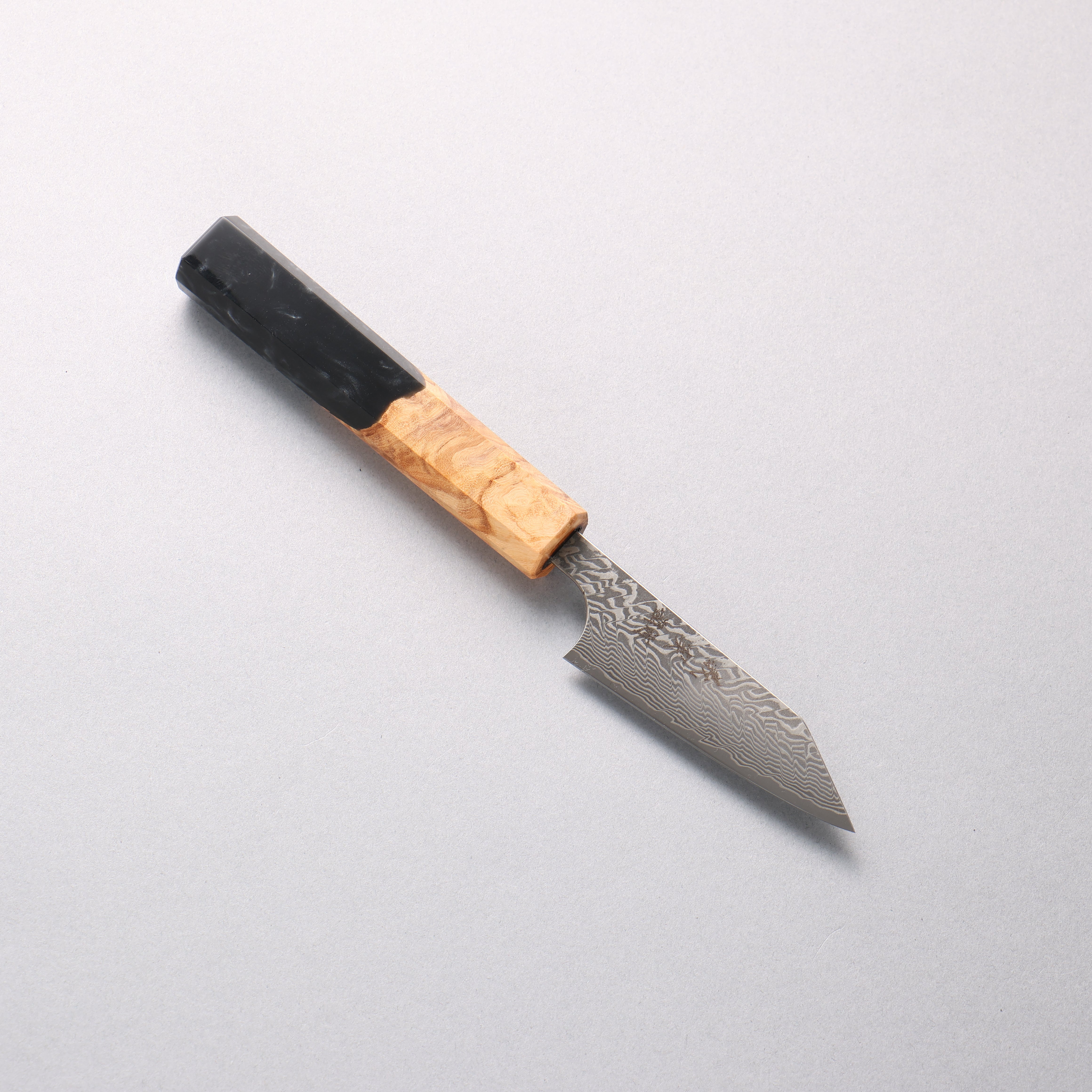 Yoshimi Kato SG2 Black Damascus Kiritsuke Petty-Utility 80mm Olive Tree and Black/White Marble Resin Handle