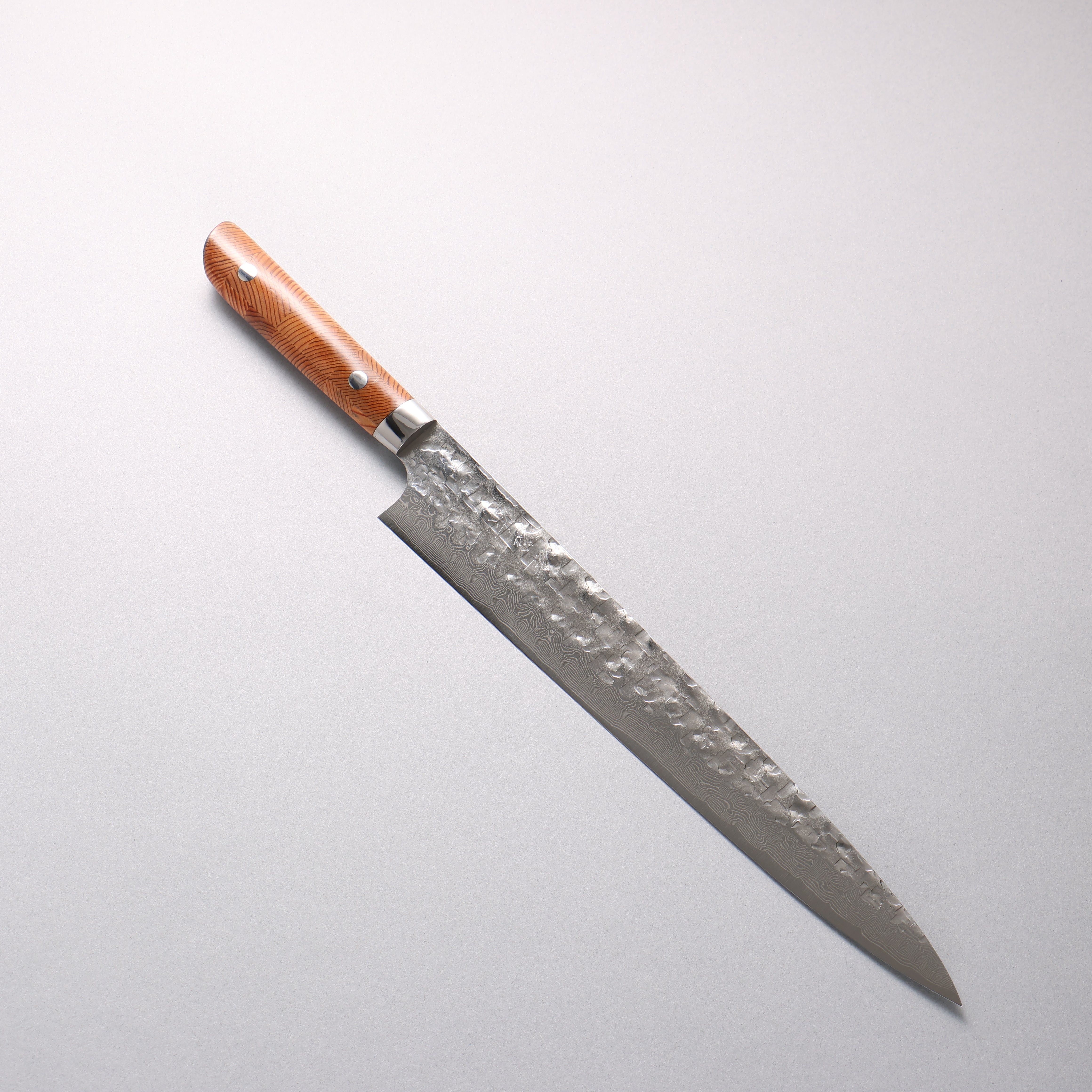 Takeshi Saji VG10 Hammered Damascus Cross Sujihiki 270mm Kumiko (Wood Mosaic) Handle