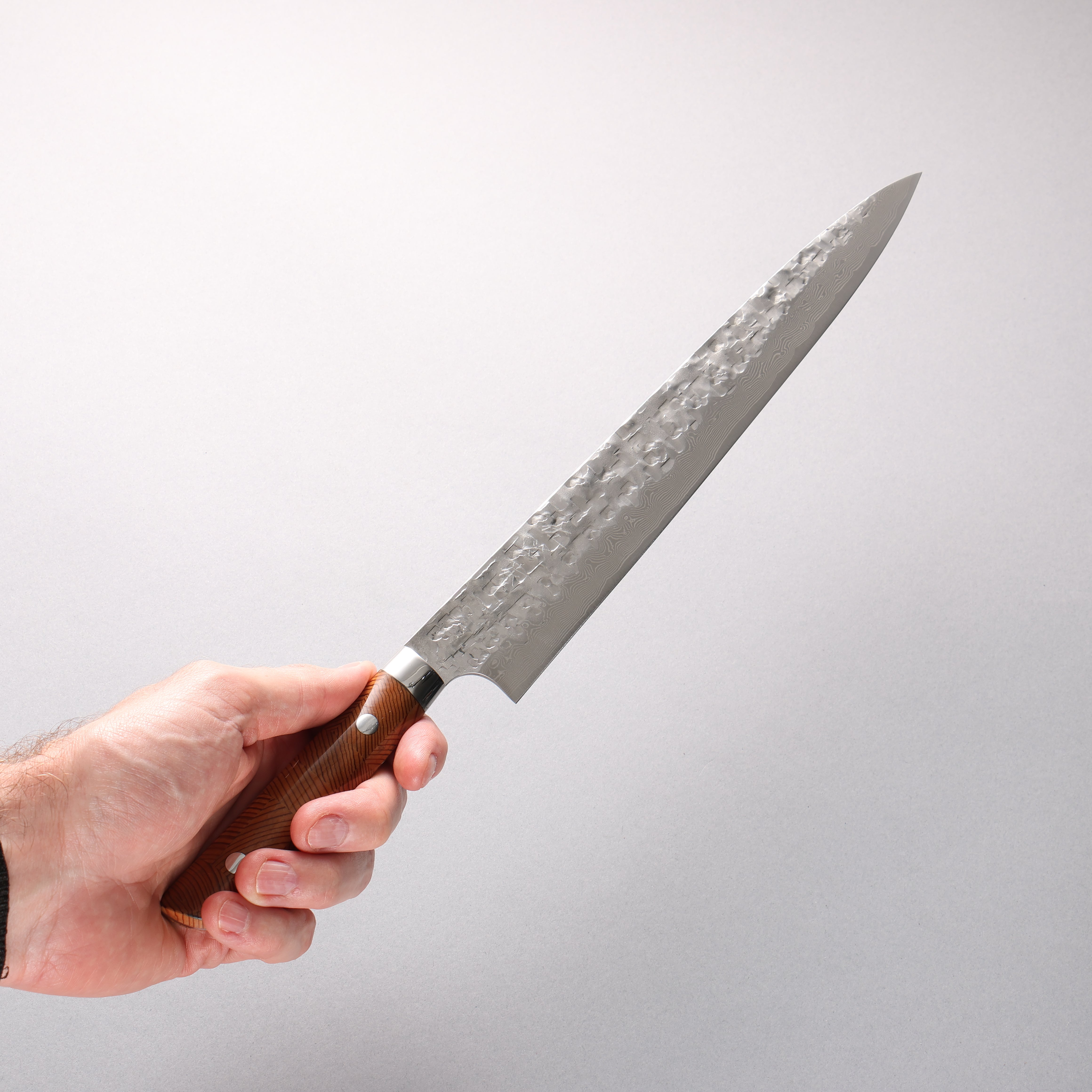 Takeshi Saji VG10 Hammered Damascus Cross Sujihiki 270mm Kumiko (Wood Mosaic) Handle