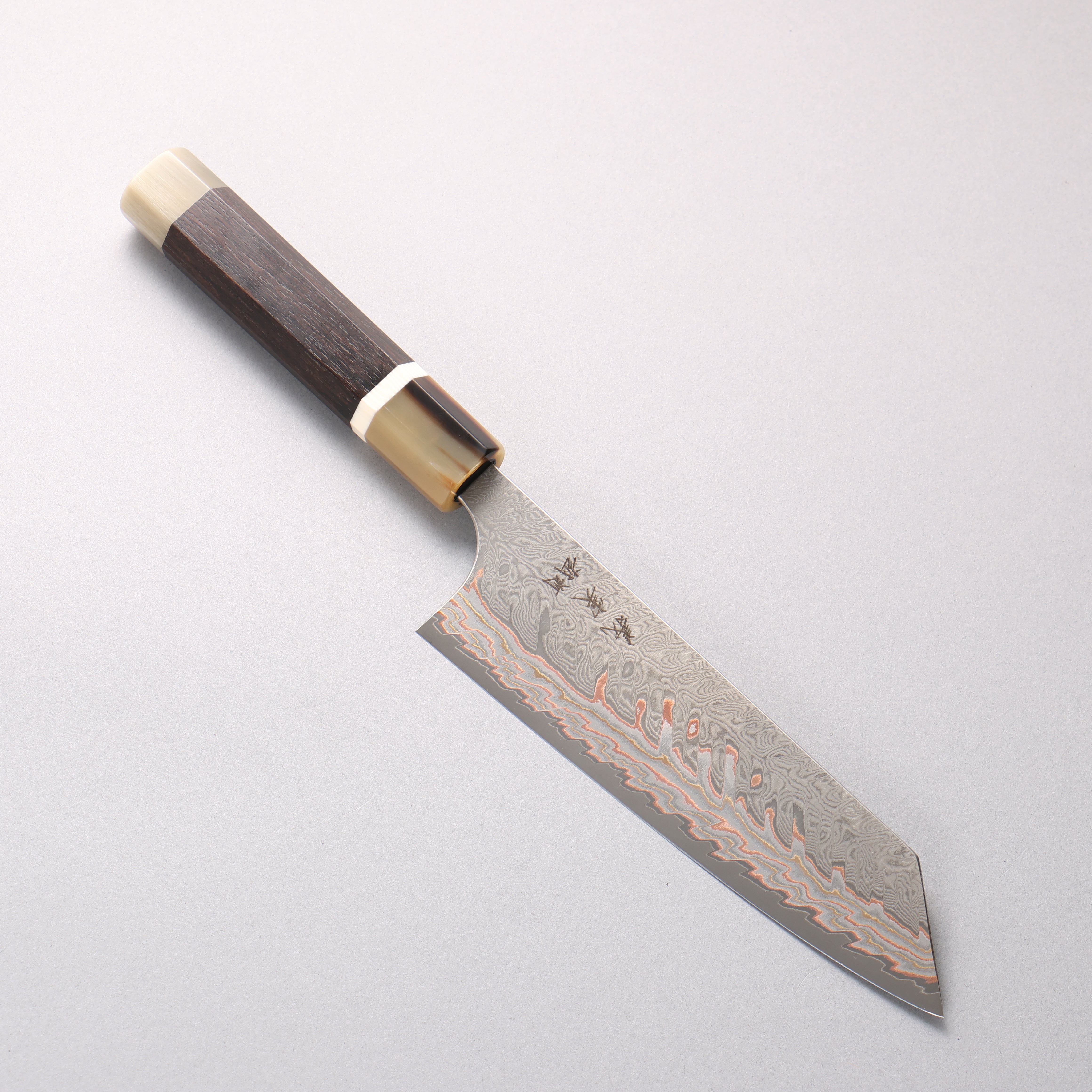 Yoshimi Kato VG10w Colored Damascus Bunka 170mm Ebony Wood (with Double White Buffalo Horn) Handle