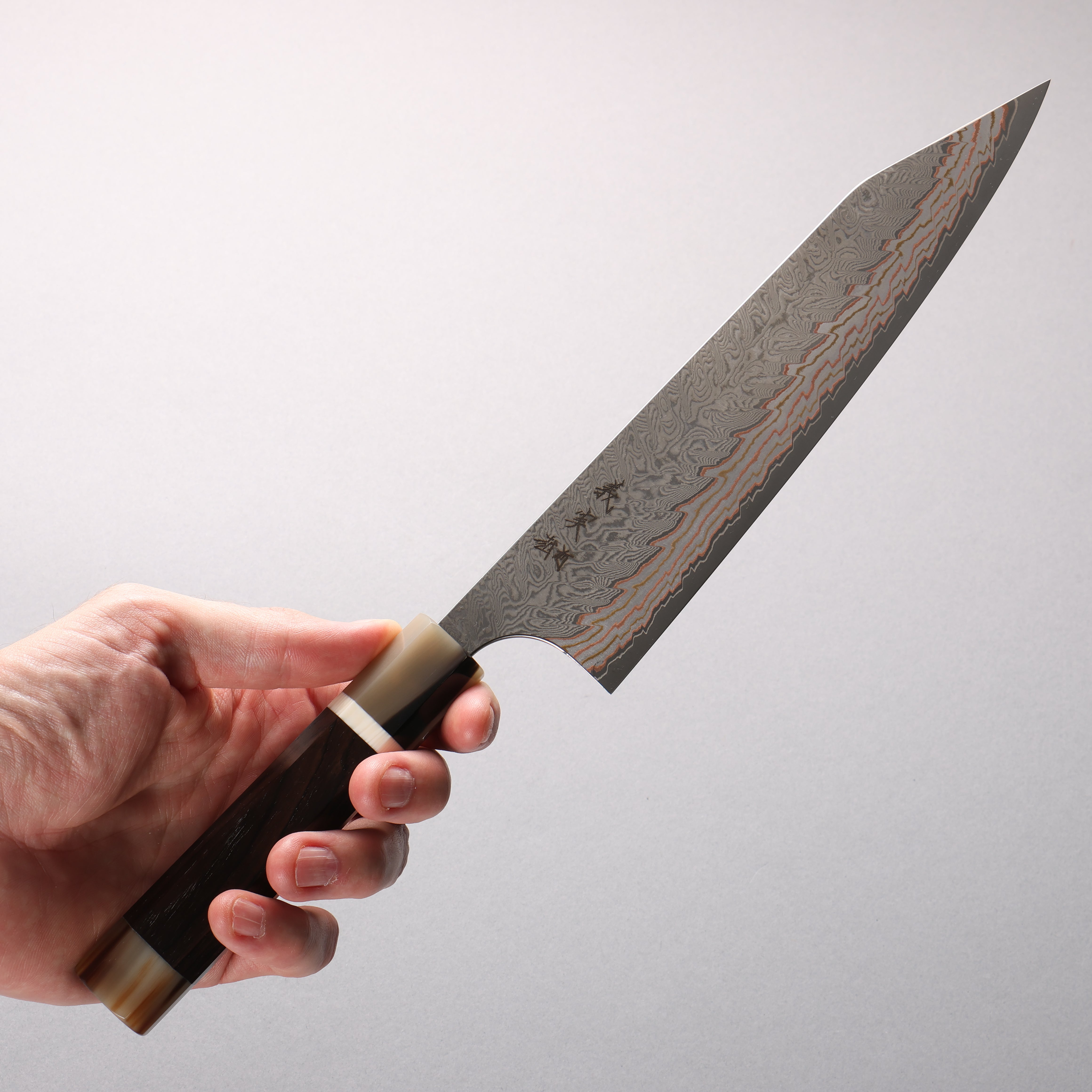 Yoshimi Kato VG10w Colored Damascus Kiritsuke Gyuto 210mm Ebony Wood (with Double White Buffalo Horn) Handle