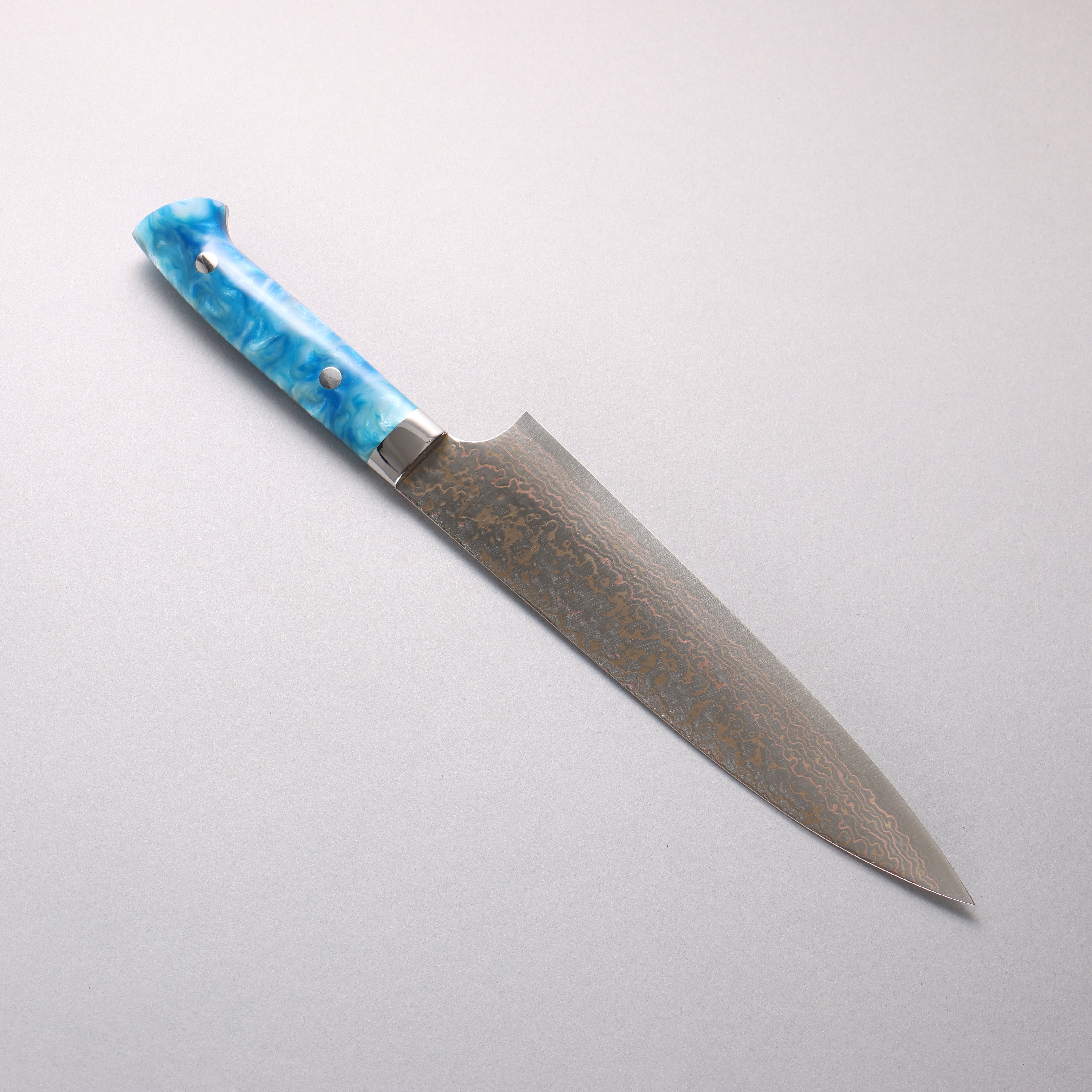 Takeshi Saji VG10w Colored Damascus Migaki Finished Gyuto 210mm Blue and White Acrylic Handle