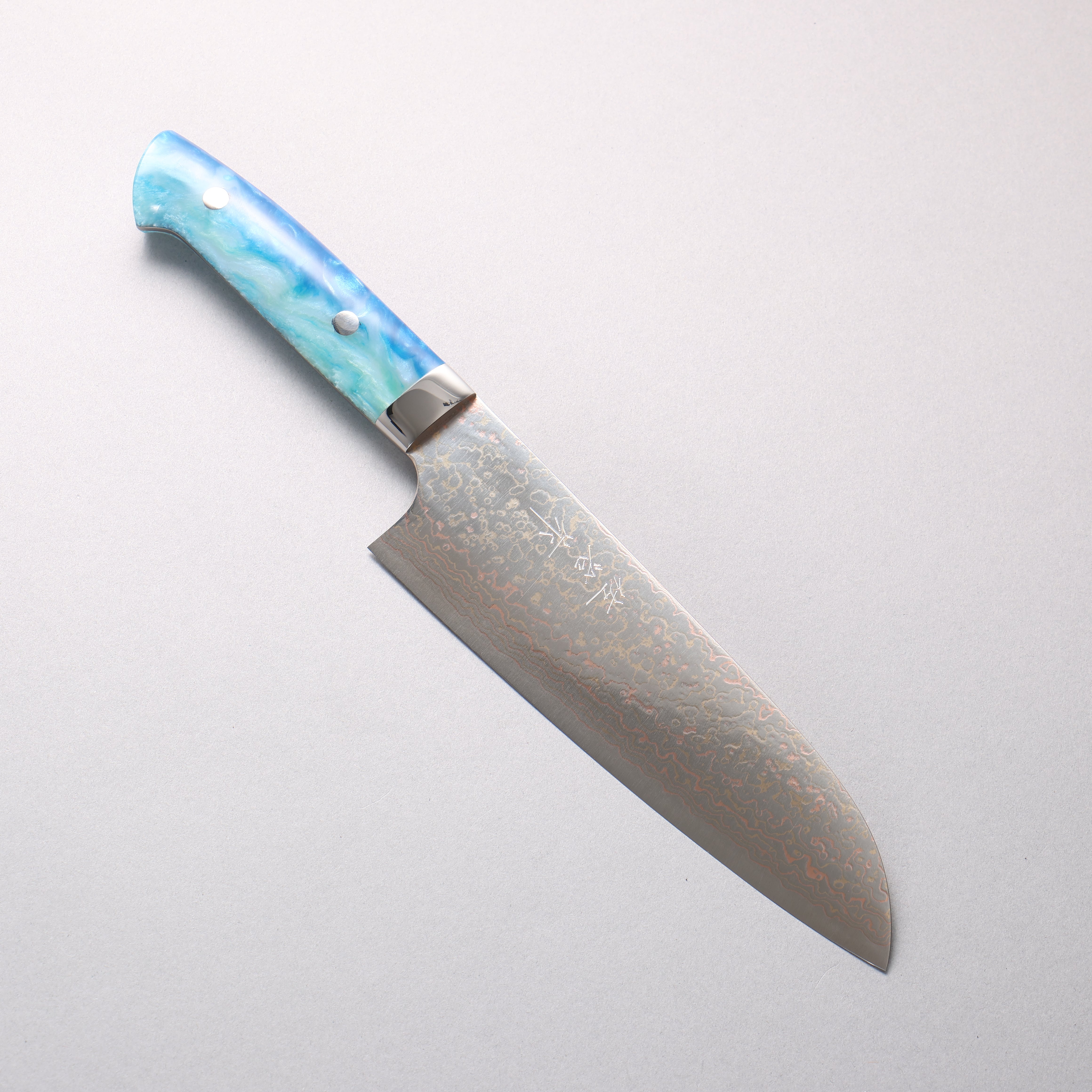 Takeshi Saji VG10w Colored Damascus Migaki Finished Santoku 180mm Blue and White Acrylic Handle