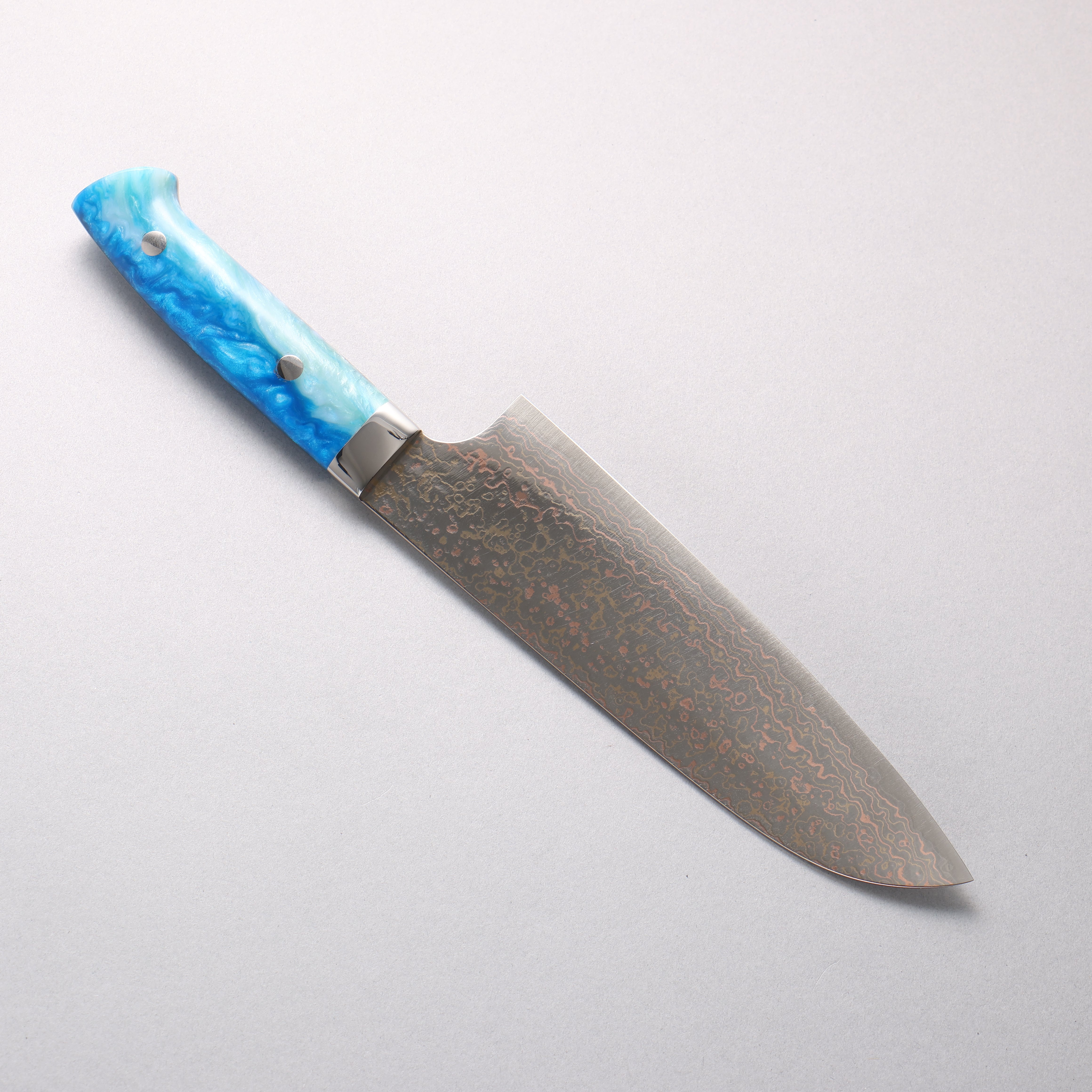 Takeshi Saji VG10w Colored Damascus Migaki Finished Santoku 180mm Blue and White Acrylic Handle