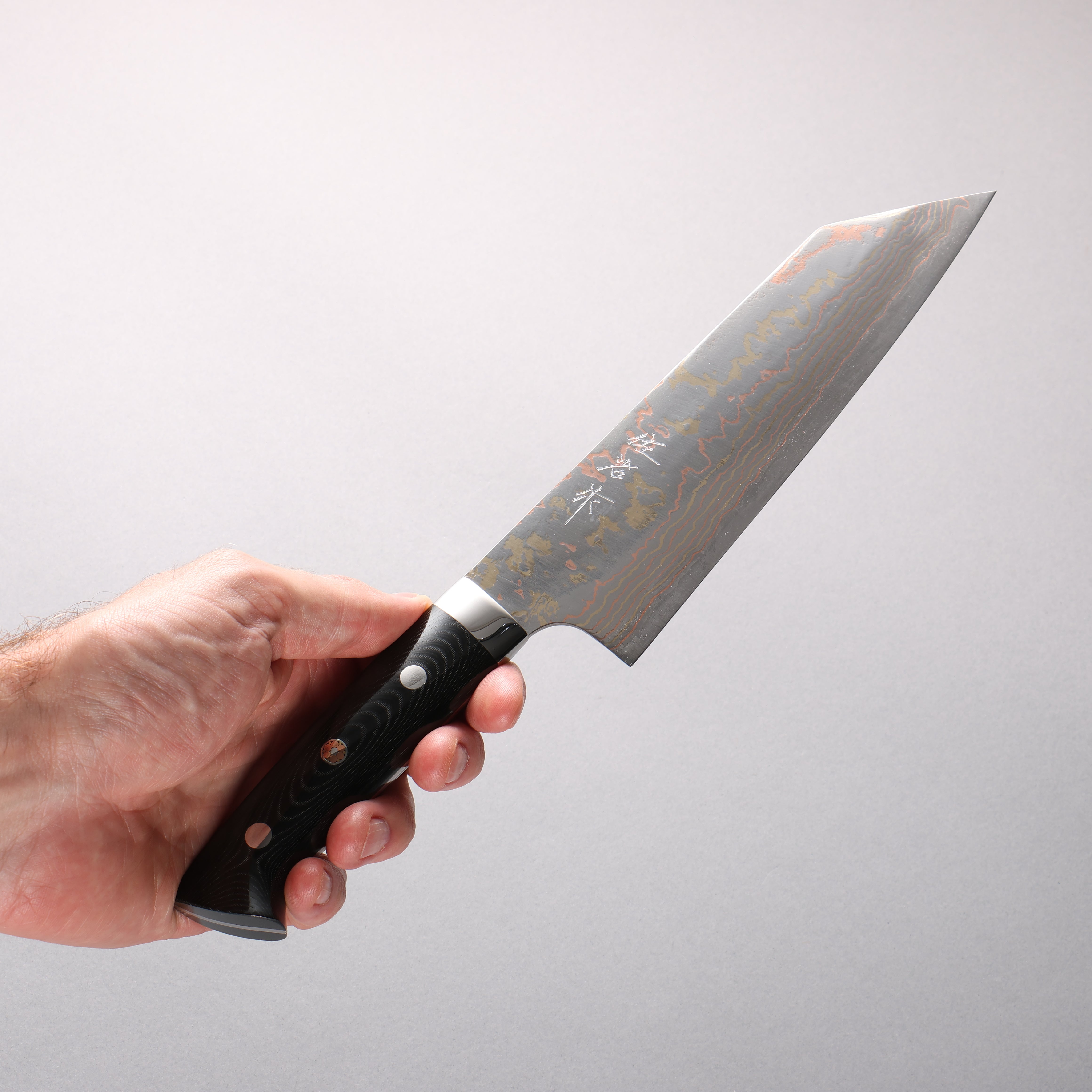 Takeshi Saji Blue Steel No.2 Colored Damascus Migaki Finished Bunka 180mm Cloud Colored Micarta Handle