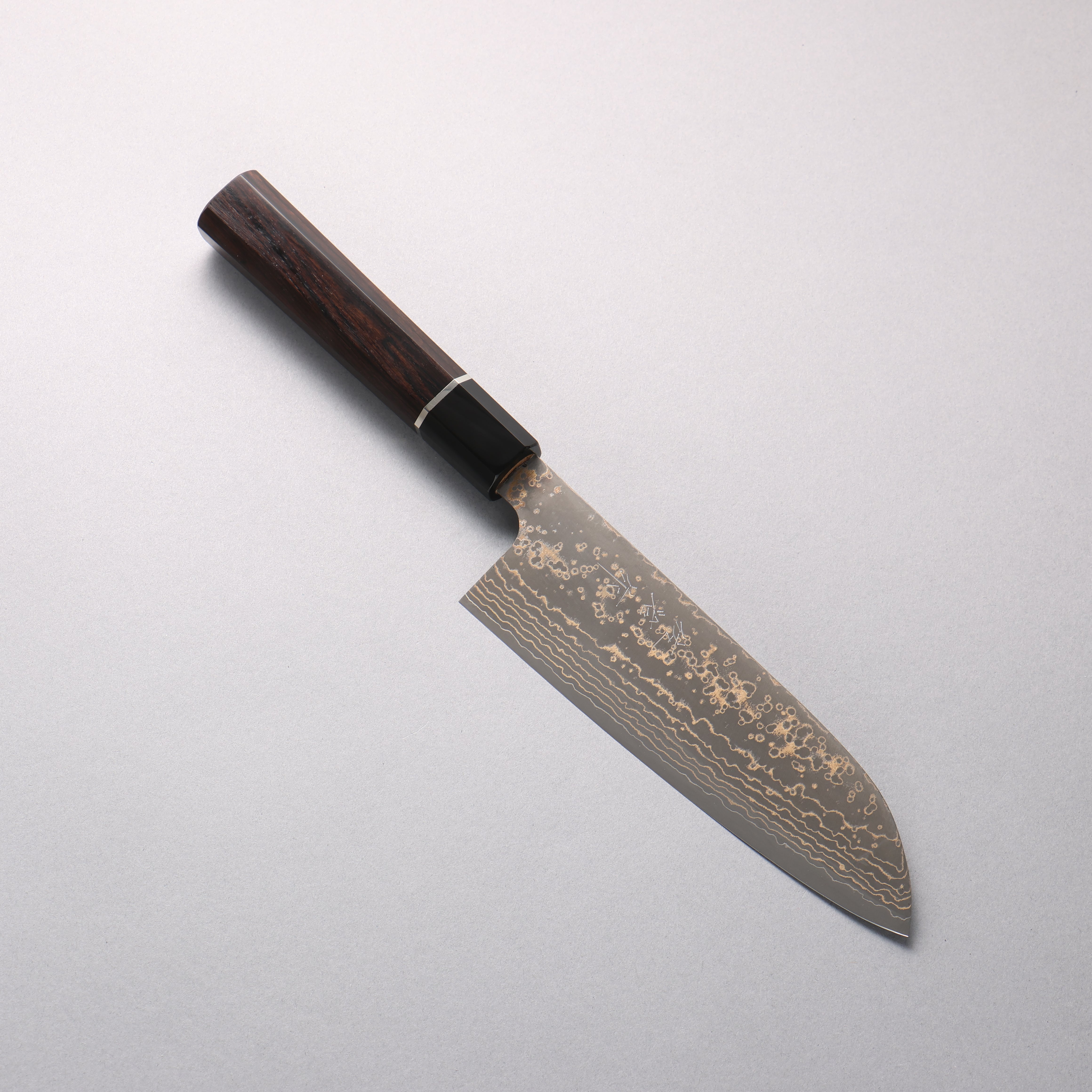 Takeshi Saji VG10w Colored Damascus Nashiji Santoku 180mm Ebony Wood (ferrule: Black Water Buffalo Horn And Silver Ring) Handle